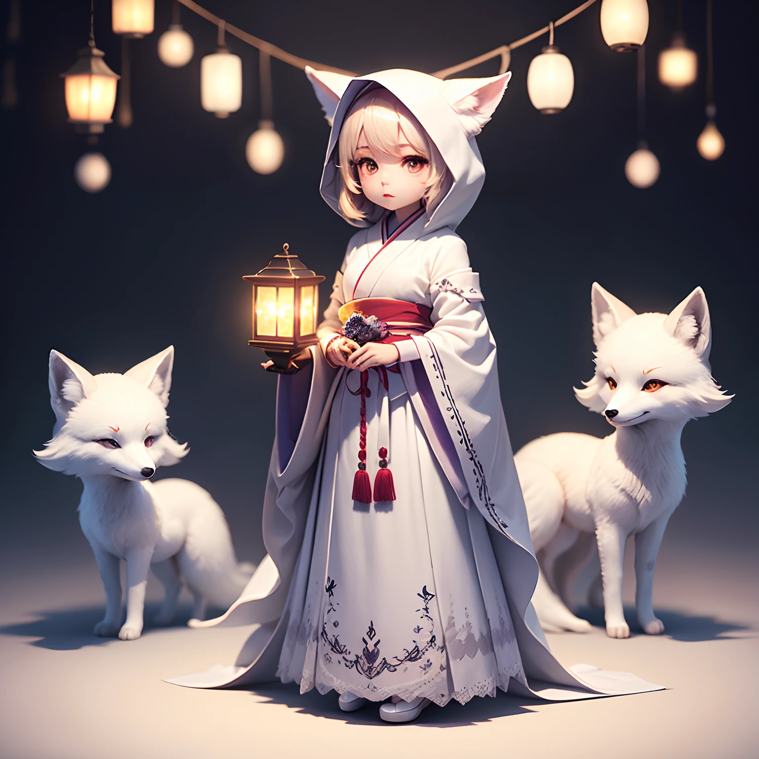 masterpiece、top-quality、ultra-detailliert、(Chibi Chara White Fox Bride:1.2)、dark kimono、white hood、Lantern light、Standing、