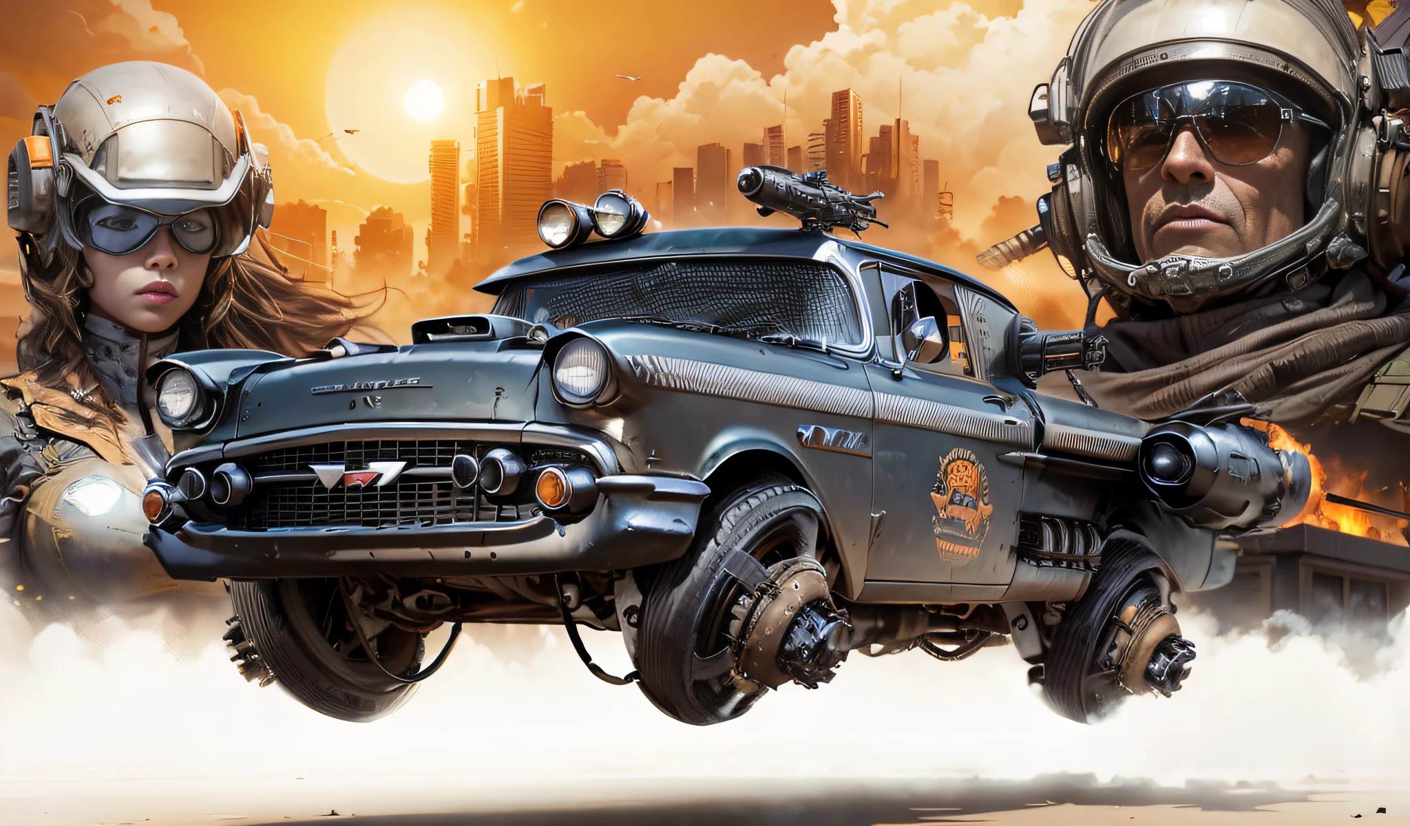 A well-armed black Chevy '57 Hover with missiles and a machine gun in the foreground, A beautiful cyborg warrior woman, an air pilot man on his back, and an apocalyptic POS city with several buildings illuminated by a big sun on an orange colored background