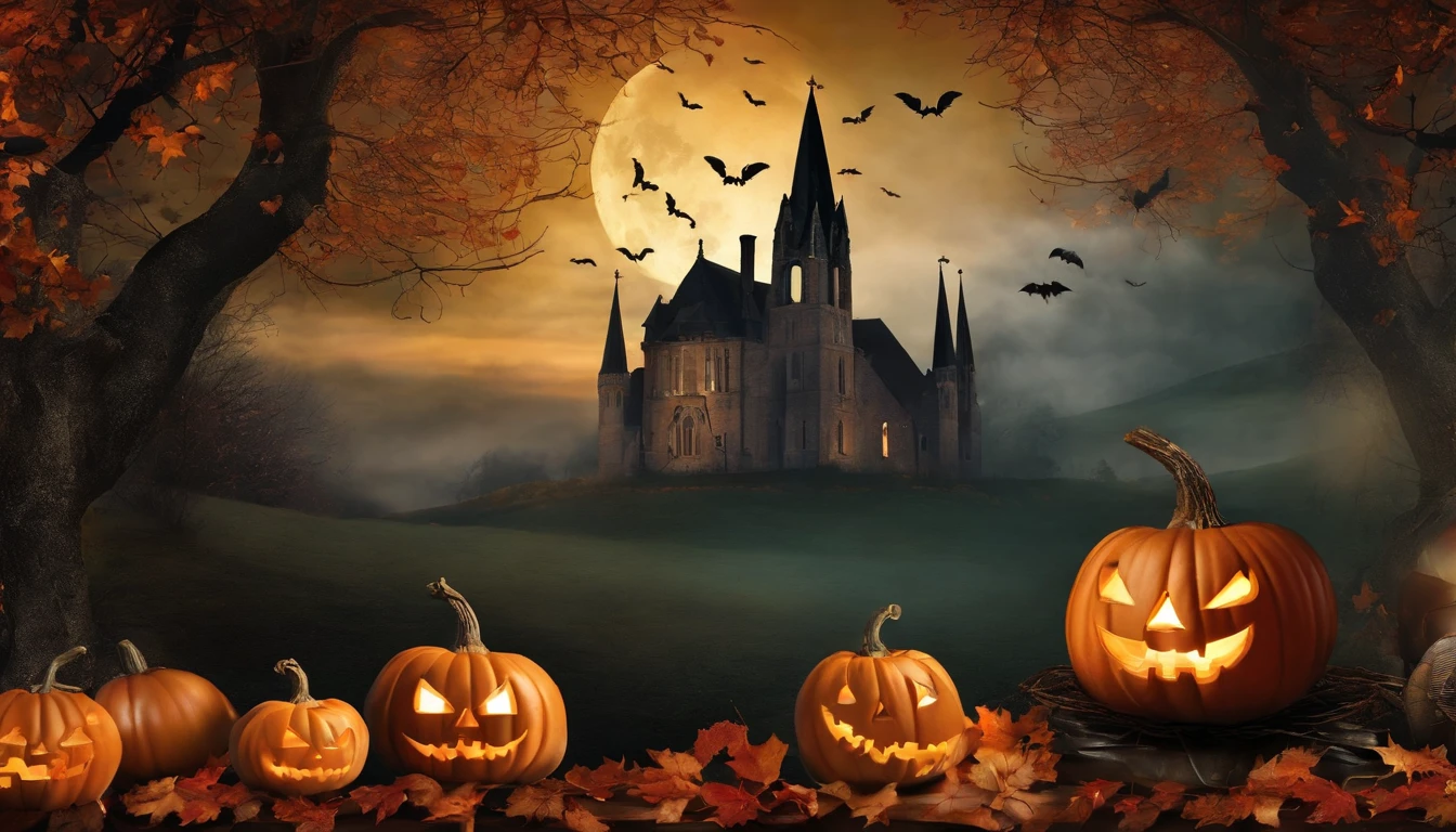 Fiesta de Halloween con muchas brujas y fantasmas sobrevolando, Gothic collage wall art style, estilo Dark Vintage, autumn season.