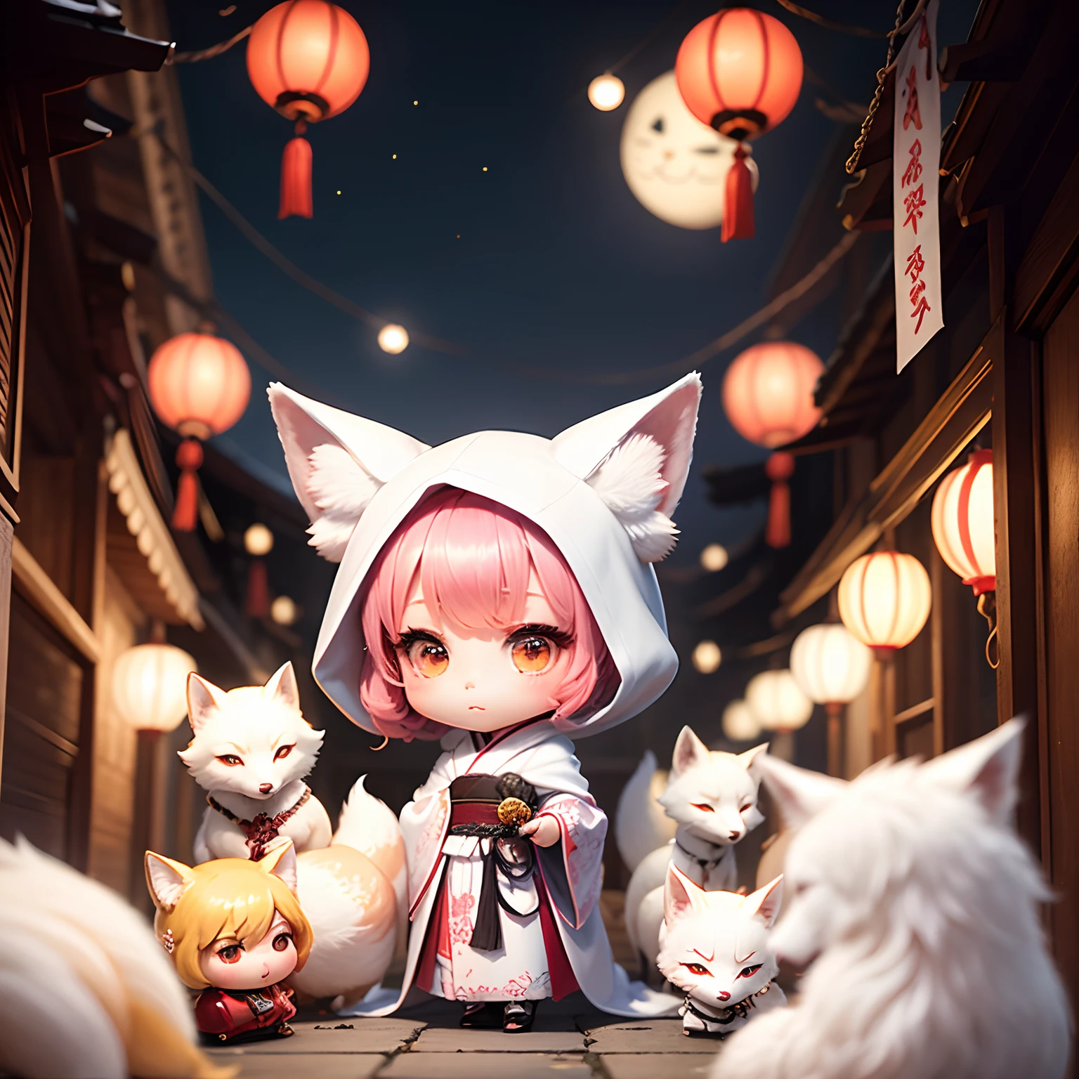 ​masterpiece、top-quality、ultra-detailliert、(Chibi Chara White Fox Bride:1.2)、dark kimono、white hood、Lantern light、Standing、Chinese New Year、