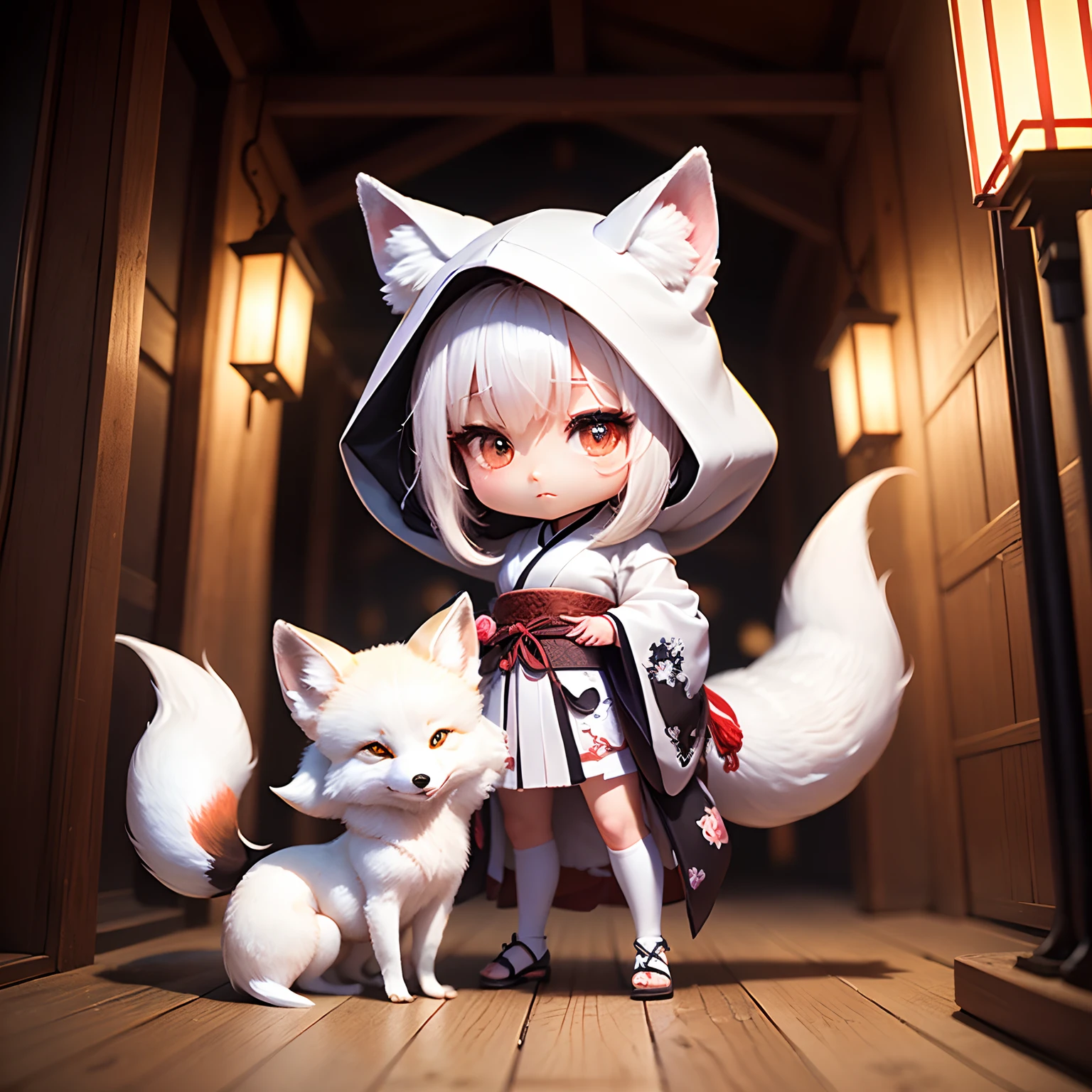 ​masterpiece、top-quality、ultra-detailliert、(Chibi Chara White Fox Bride:1.2)、dark kimono、white hood、Lantern light、Standing、Chinese New Year、