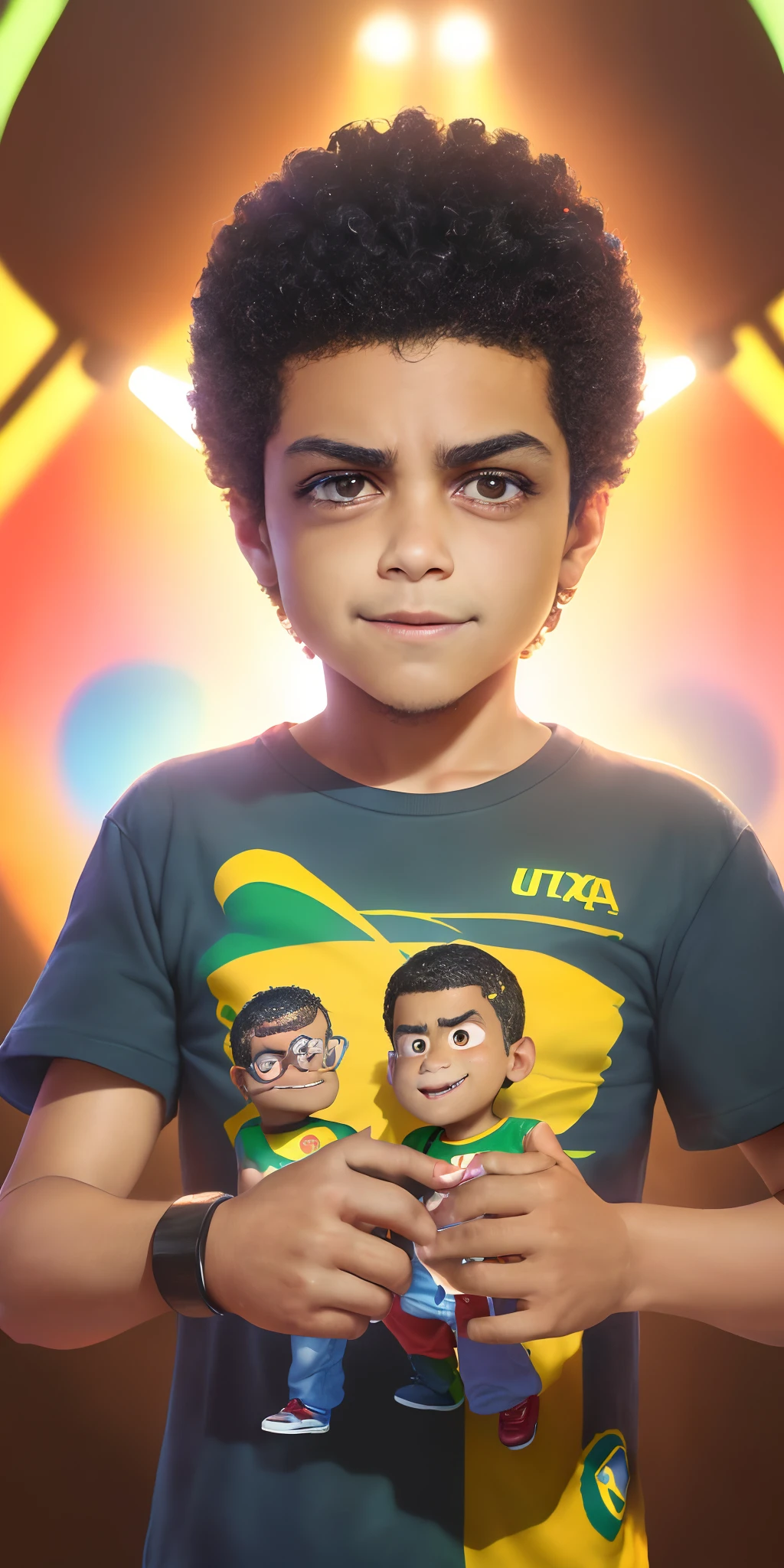 (brazilian boy,boy,band t-shirt,animated,character,pixar-style,HDR,ultra-detailed,realistic:1.37),holding a pizza,lively facial expression,intense colors,strong lighting,detailed depiction,background musicians,drummer,guitarist,vibrant stage lighting