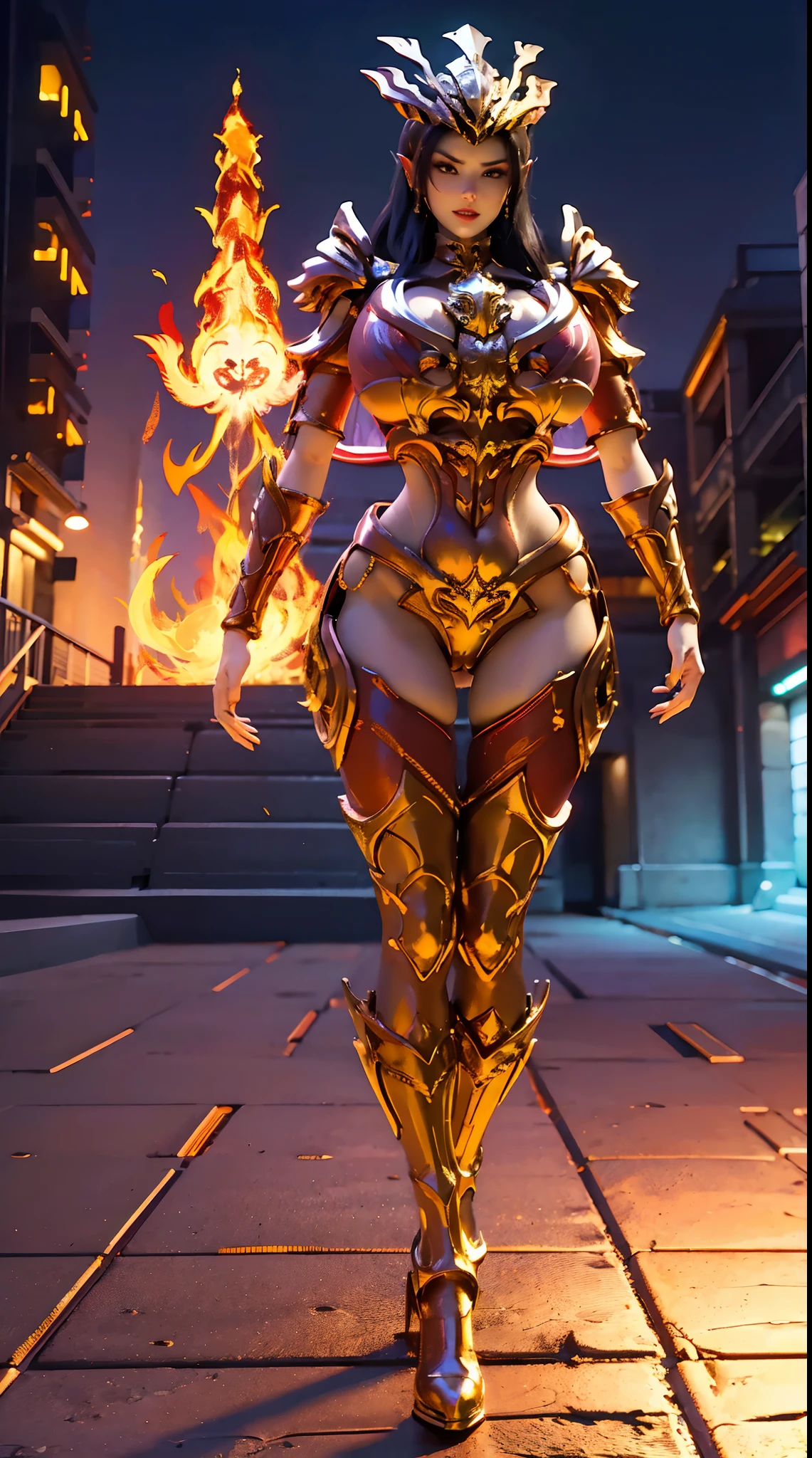 1GIRL, SOLO, (DRAGON QUEEN HELM), (HUGE FAKE BOOBS:1.3), (RED, GOLD), (STREET CITY BACKGROUND), (FUTURISTIC PHOENIX MECHA BODYSUIT, ROYAL CAPE, CLEAVAGE:1.2), (SKINTIGHT YOGA PANTS, HIGH HEELS:1.2), (BUSTY BODY, LONG LEGS, FULL BODY VIEW:1.5), (LOOKING AT VIEWER), (WALKING DOWN:1.2), MUSCLE ABS:1.3, ULTRA HIGHT DEFINITION, 8K, 1080P.