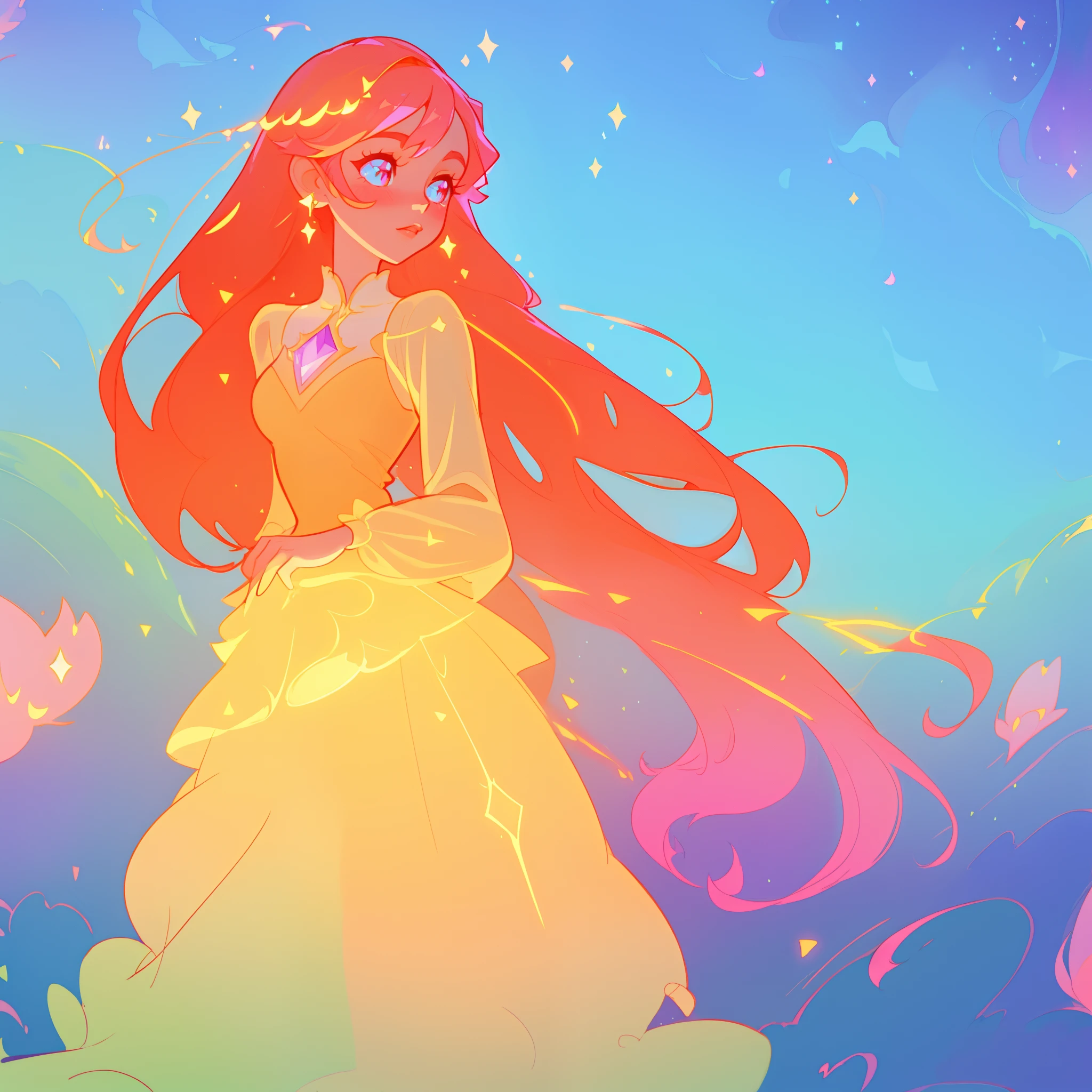 beautiful girl, puffy tiered ballgown with puffy long sleeves, vibrant pastel colors, (colorful), glowing golden long hair, magical lights, sparkling magical liquid, inspired by Glen Keane, inspired by Lois van Baarle, disney art style, by Lois van Baarle, glowing aura around her, by Glen Keane, jen bartel, glowing lights! digital painting, flowing glowing hair, glowing flowing hair, beautiful digital illustration, fantasia background, whimsical, magical, fantasy, ((beautiful face)), ((masterpiece, best quality)), intricate details, highly detailed, sharp focus, 8k resolution, sparkling detailed eyes, liquid watercolor