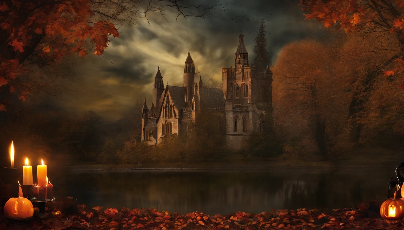 Fiesta Spooky con muchas brujas y fantasmas sobrevolando, Gothic collage wall art style, estilo Dark Vintage, autumn season.
