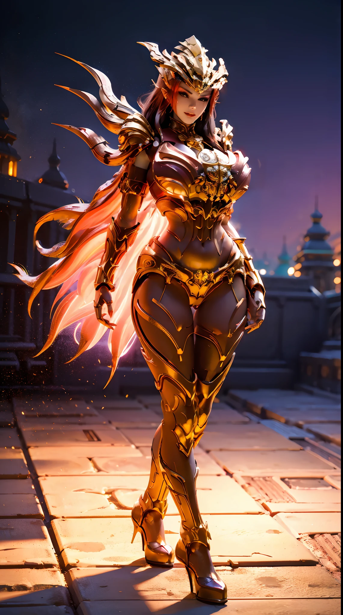 ((Full body photo, standing, feet on the ground)) ((8K, high image quality High image quality、Art: 1.4))、1 person、、Short blonde hair、gradient hair、Demon Hunter Super handsome 、Beautiful expression、Red lips, with small breasts、Perfect face shape、Runner body、Black and red sexy chest armor、Black and red pants and extended legs,With a wide variety, golden decoration, realistic proportions、Dynamic pose、 Advanced details、complex、complex details、realistic eyes、realistic eyesのプロポーション、sharp focus、32k、realistic lighting、Extreme details、realistic student、realistic proportion eyes、realistic proportion students、realistic shadow、Evasion,