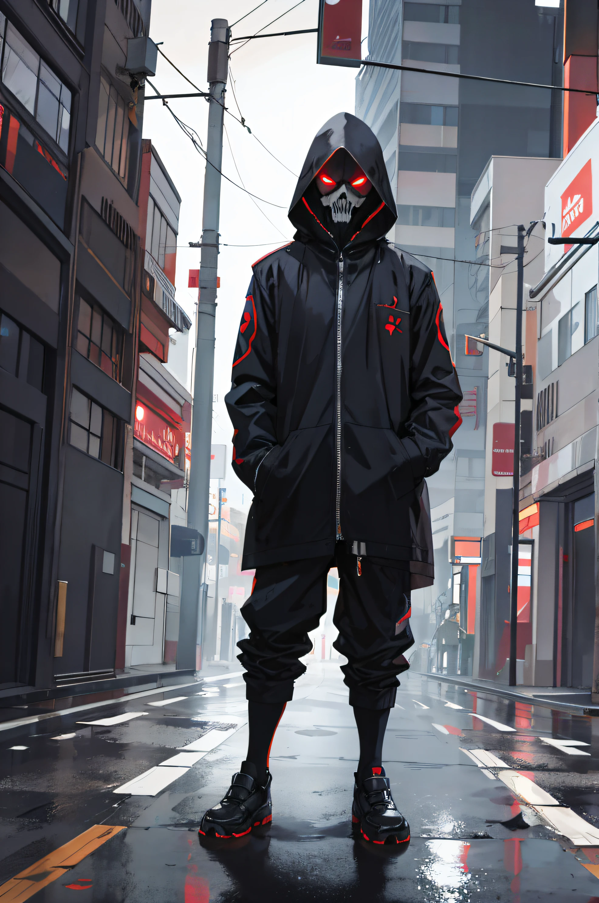reaper,cidade noturna,chuva,casaco,Hands in pockets