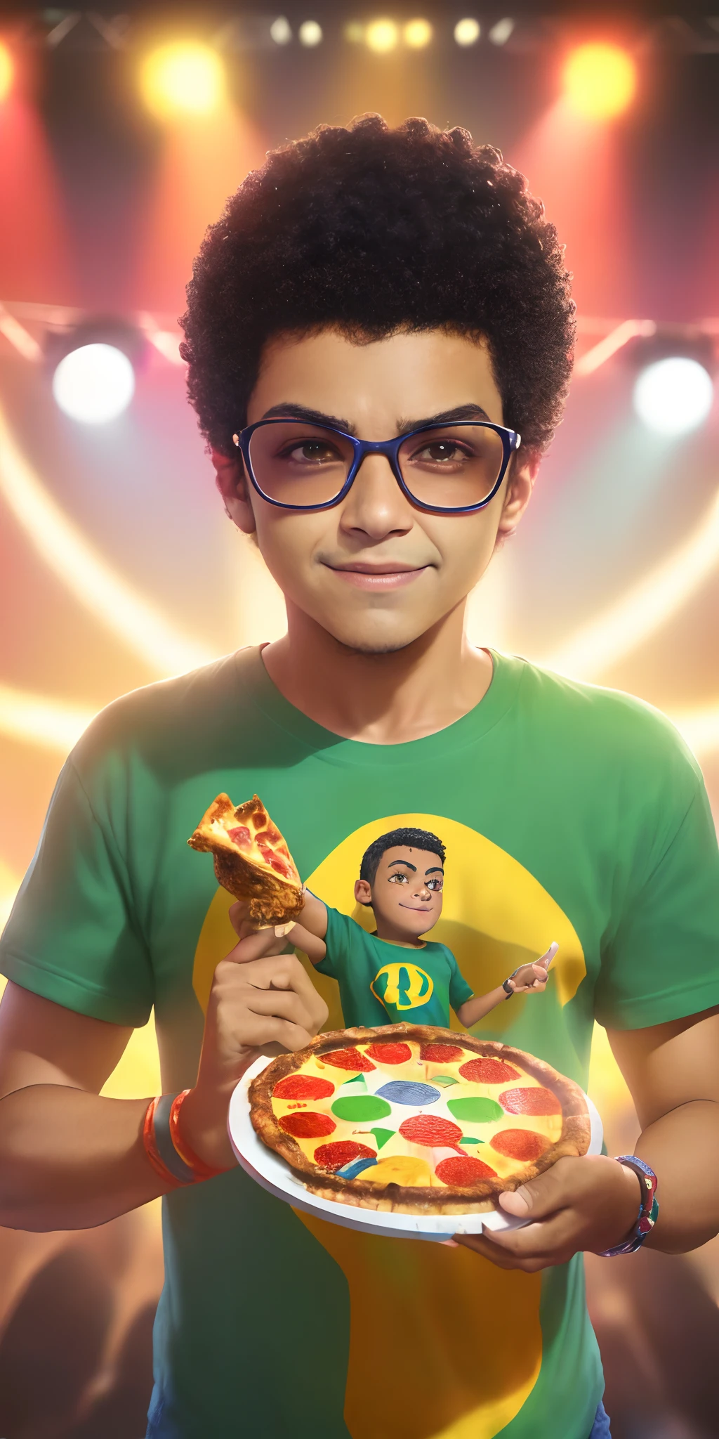 (brazilian boy,boy,band t-shirt,animated,character,pixar-style,HDR,ultra-detailed,realistic:1.37),holding a pizza,lively facial expression,intense colors,strong lighting,detailed depiction,background musicians,drummer,guitarist,vibrant stage lighting