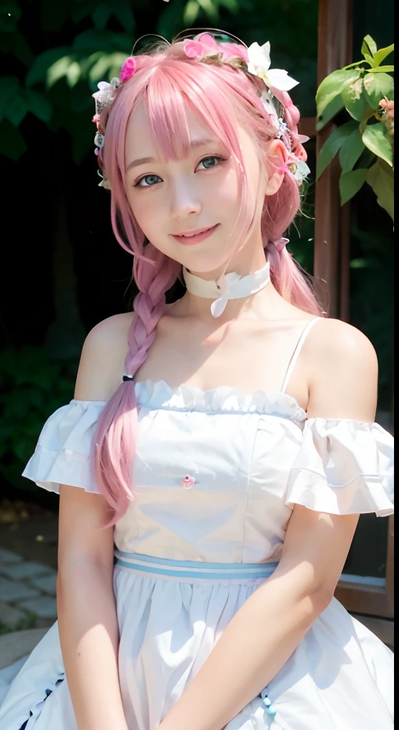 (ultra-detailliert), Cute princess dress in white,(frilly dress),(shortsleeves),Blue eyes,The upper part of the body、a closeup、faces、(A smile:1.5),(facing front:1.2), 20yr old, teens girl,no tail,(no tail),2D, masterpiece, top-quality, Band Group Vocals, a closeup, Stand Microphone, Mouth open, A detailed eye, A detailed face, girl with, Only 1 person,Pink Hair Medium Hair, (Pink hair), Ear Hair, small tits, Single braid, (Single braid), (Side braid), Pink ribbon, Ribbon around the neck, (White sleeves), Background bokeh
