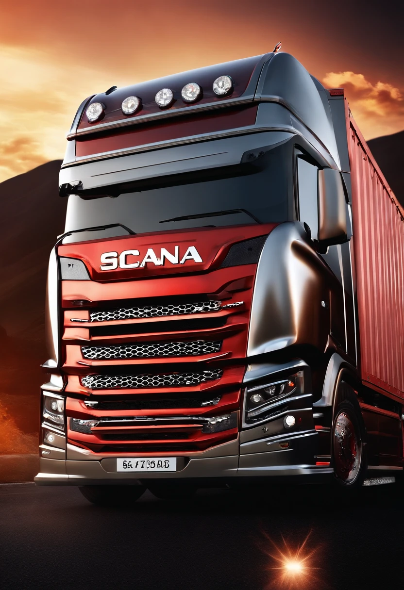 (best quality,4k,8k,highres,masterpiece:1.2),large Scania truck in motion,metallic body,shiny chrome details,reflective surfaces,strong and powerful appearance,impressive size and weight,heavy-duty tires,massive cargo container,high-tech engine,open road ahead,dramatic sunset sky,glowing headlights,powerful exhaust smoke,vibrant red color,polished finish,realistic truck rendering,intense lighting effects,sharp focus,professional digital illustration,vivid colors,bokeh.