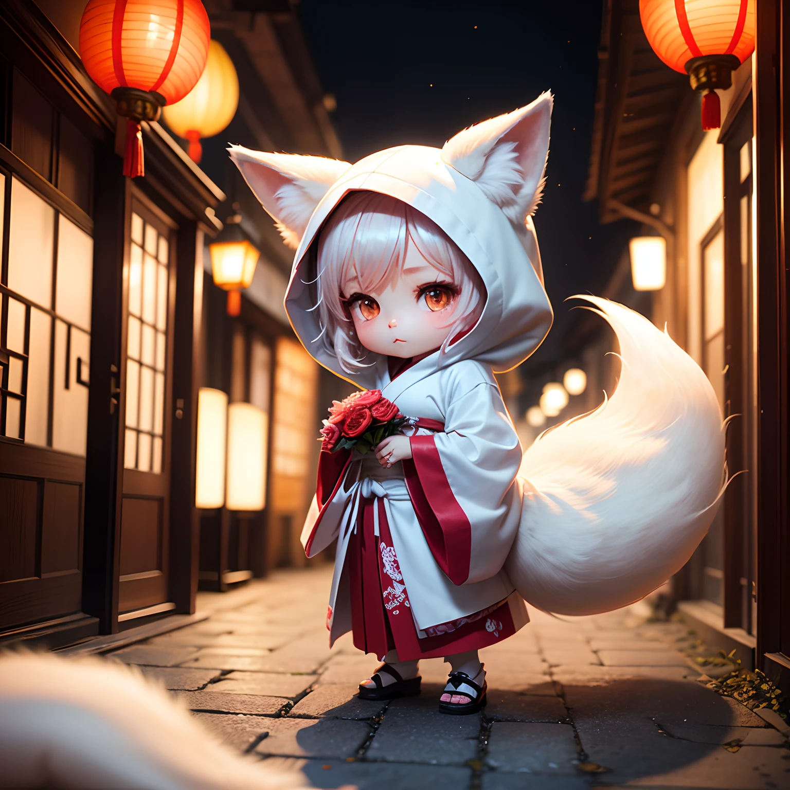 masterpiece、top-quality、ultra-detailliert、(Chibi Chara White Fox Bride:1.2)、dark kimono、white hood、Lantern light、Standing、Chinese New Year、