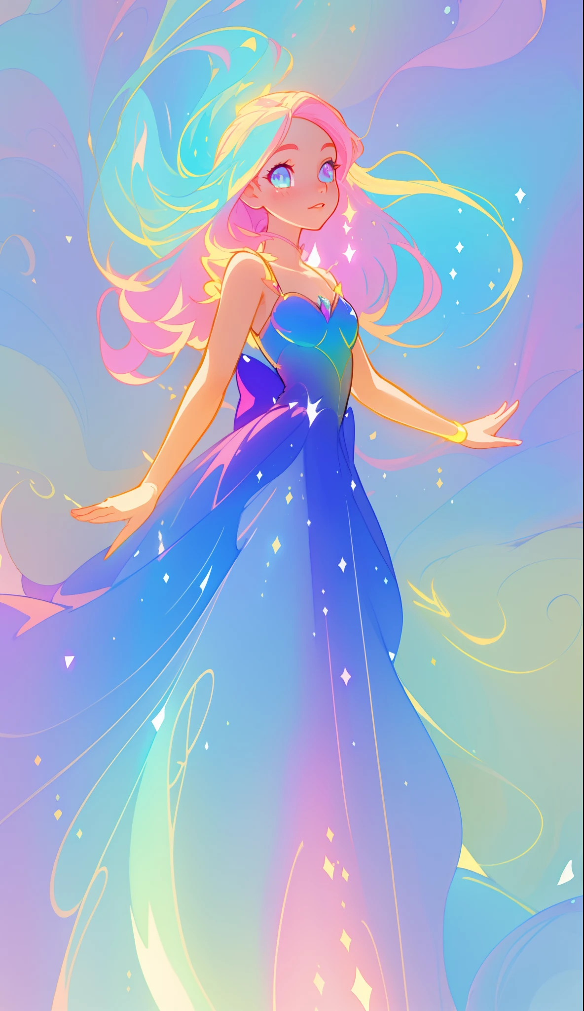 beautiful girl, puffy tiered ballgown, vibrant pastel colors, (colorful), glowing golden long hair, magical lights, sparkling magical liquid, inspired by Glen Keane, inspired by Lois van Baarle, disney art style, by Lois van Baarle, glowing aura around her, by Glen Keane, jen bartel, glowing lights! digital painting, flowing glowing hair, glowing flowing hair, beautiful digital illustration, fantasia background, whimsical, magical, fantasy, ((beautiful face)), ((masterpiece, best quality)), intricate details, highly detailed, sharp focus, 8k resolution, sparkling detailed eyes, liquid watercolor