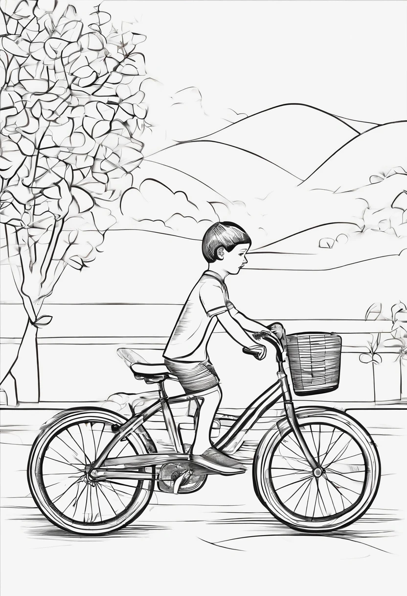 A child, numa bicicleta, de costas, no centro da imagem, pelando em uma estrada de chocolate e balas