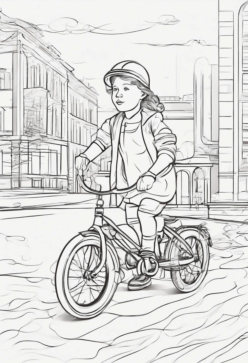 A child, numa bicicleta, de costas, no centro da imagem, pelando em uma estrada de chocolate e balas