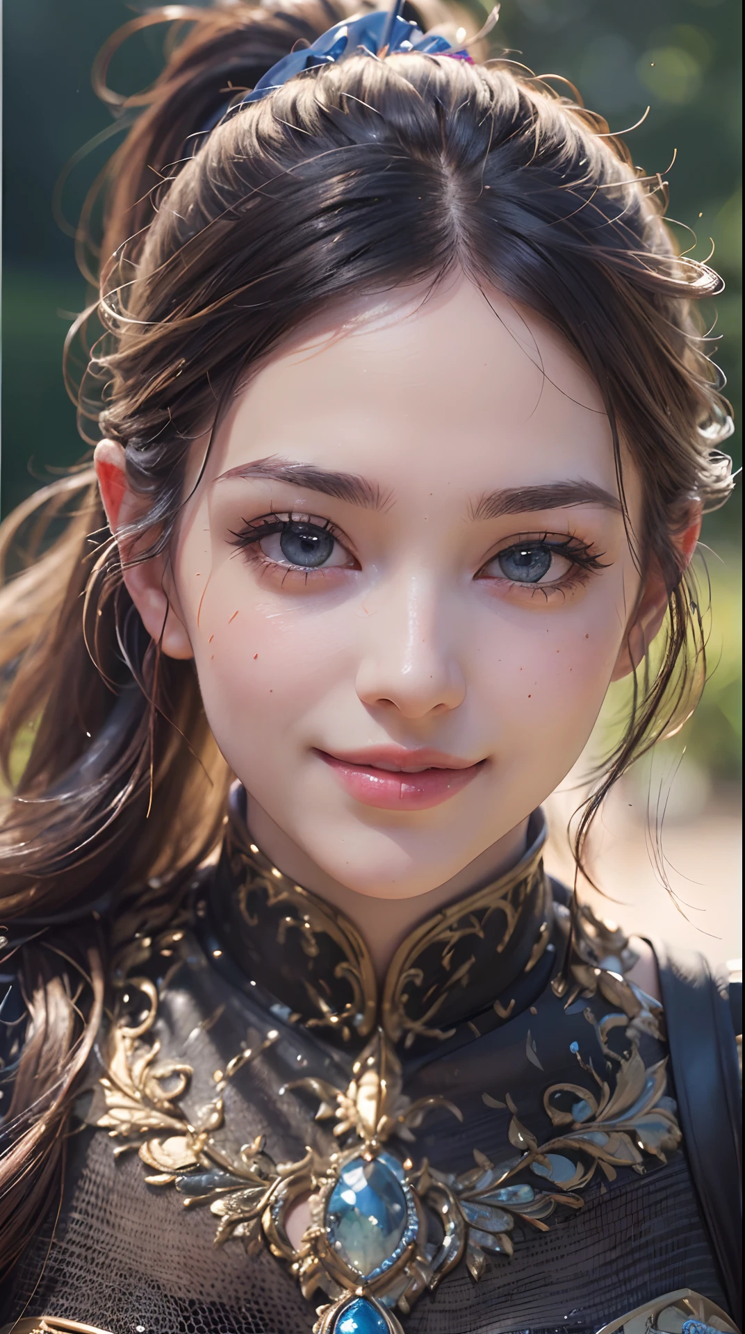 (best quality,4k,8k,highres,masterpiece:1.2), ultra-detailed, (realistic,photorealistic,photo-realistic:1.37),(beautiful detailed eyes, beautiful detailed lips, extremely detailed eyes and face, long eyelashes),studio lighting,physically-based rendering,vivid colors,(super extra big tits:1.2),(ponytail hairstyle),(Confident smiling face:1.2),(Dynamic Poses, Fighting:1.37),