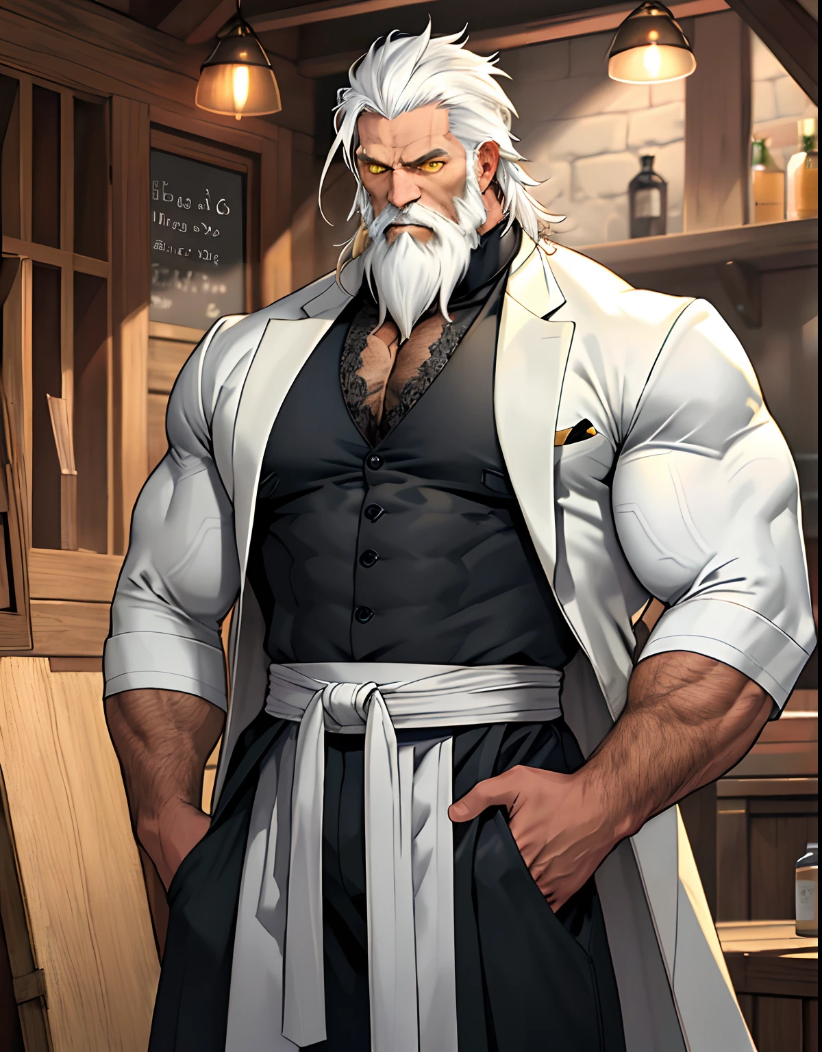 JP, Old man, (magazine cover), with text, solo, 1boy, (Huge Muscular Old man as a businessman, wearing casual business shirt), shirt is really tight, sweaty body, sweat stains on shirt, gray hair, thick gray beard, pectoral, abnormal muscle size, very big muscle, tan skin, (crotch bulge: 1.2), absurdly muscle size, huge pectoral, wide pectoral, (bara pecs: 1.4), bearded, simple background, masterpiece, high detailed, 8k, high resolution, --style 250, -- v 6.0