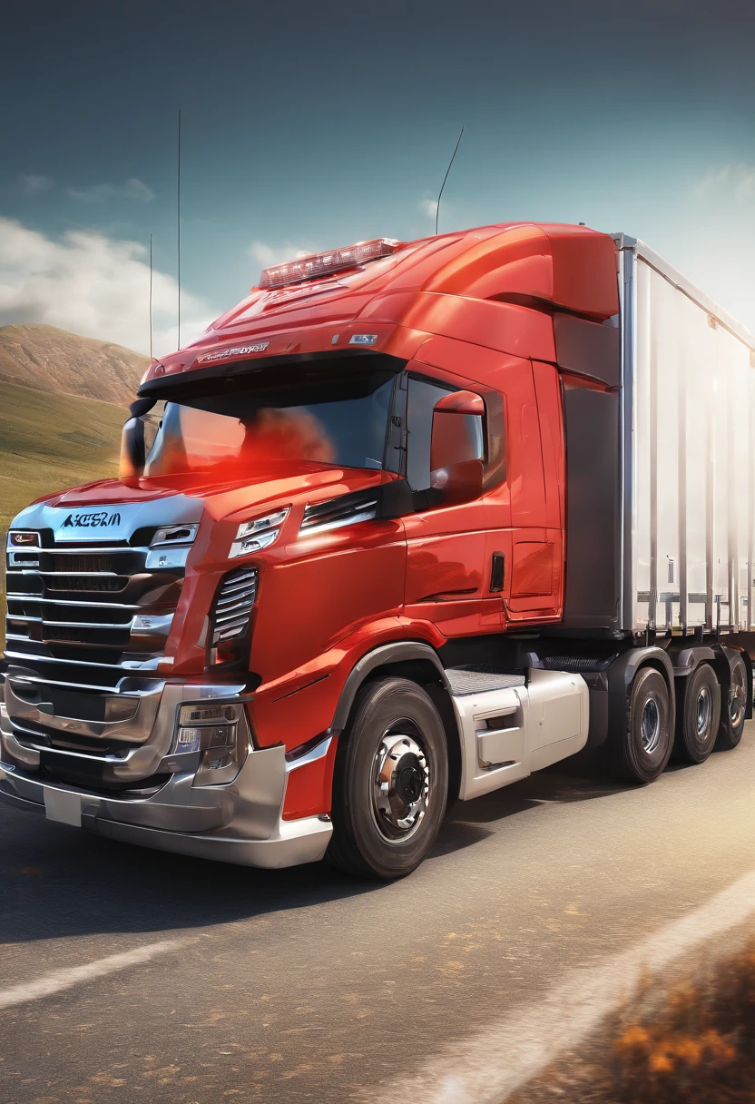 (best quality,4K,8K,hight resolution,Meisterwerk:1.2),large Scania truck on the move,metallic body,Shiny chrome details,reflective surfaces,Starke und kraftvolle Erscheinung,Impressive size and weight,Schwerlastreifen,Massiver Frachtcontainer,High-Tech-Motor,Open Road Ahead,Dramatischer Sonnenuntergangshimmel,Leuchtende Scheinwerfer,Starker Abgasrauch,leuchtend rote Farbe,poliertes Finish,Realistisches LKW-Rendering,Intensive Lichteffekte,Scharfer Fokus,Professionelle digitale Illustration,Lebendige Farben,bokeh.