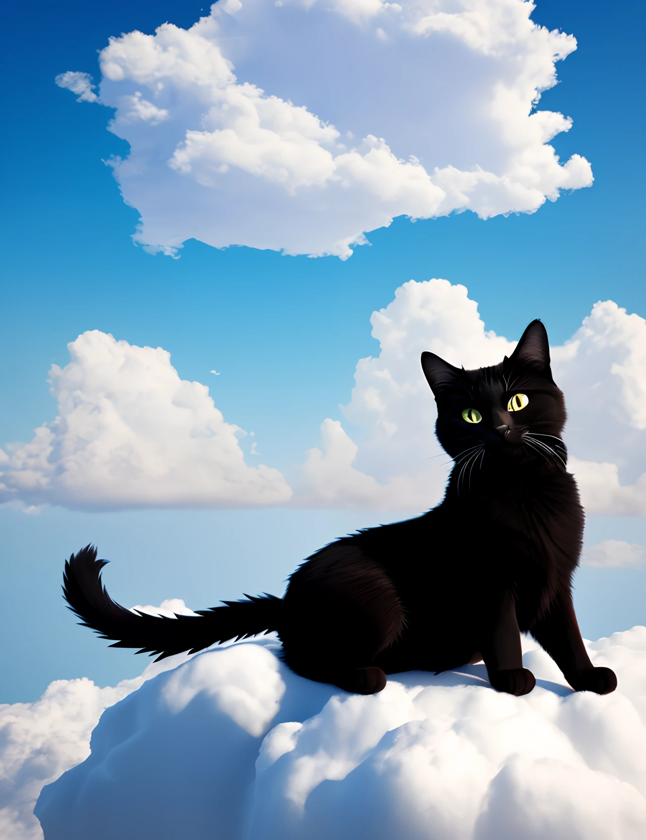 3d black cat in the clouds in the sky sitting and looking beyond