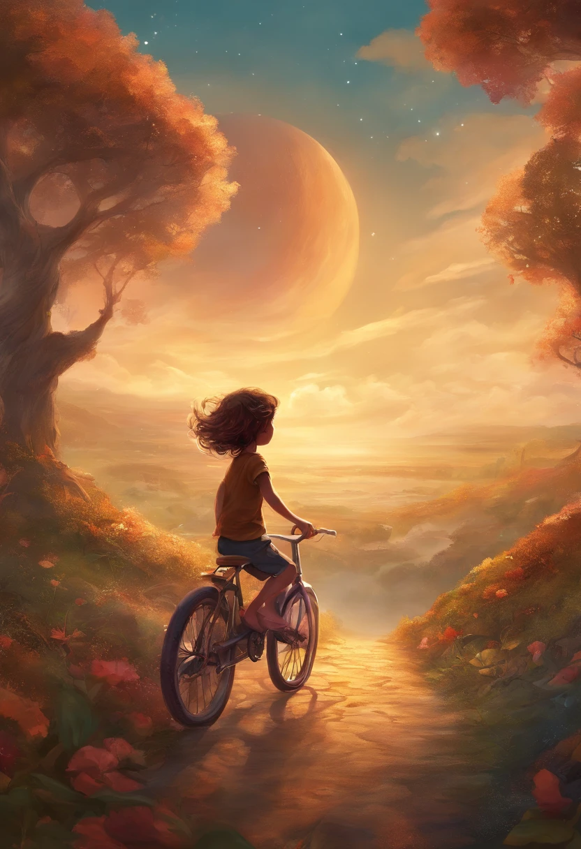 A child, numa bicicleta, de costas, no centro da imagem, pelando em uma estrada de chocolate e balas