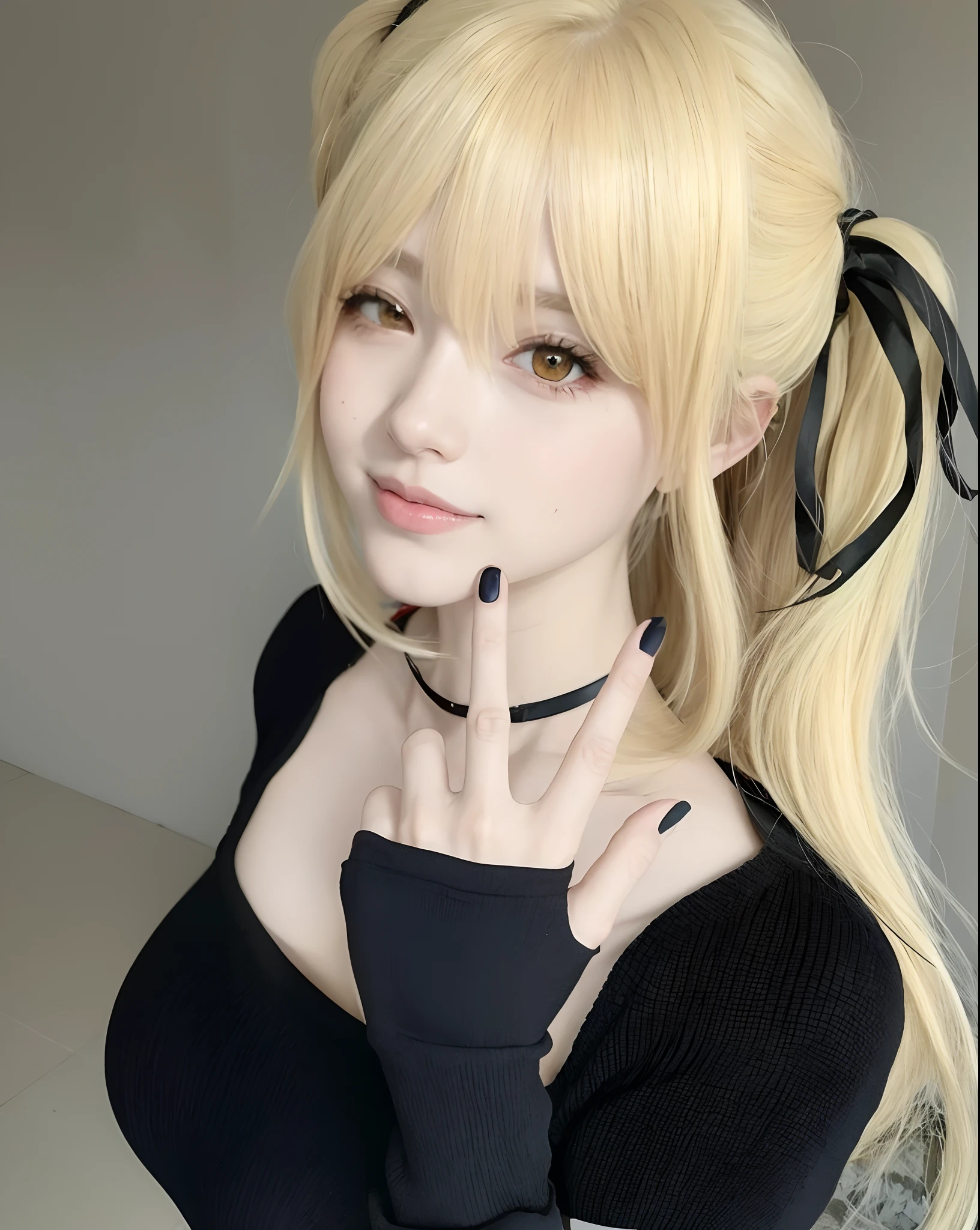 Menina de cabelos loiros com luvas pretas e um top preto, Anime Garota Cosplay, Menina anime na vida real, Massa Amane *, ( ( Massa Amane # ) ), menina anime loira com cabelo longo, menina anime jovem realista, Massa Amane, Anime cosplay, anime realista, Anime Waifu, Inspirado em anime, anime semi realista, menina anime atraente
