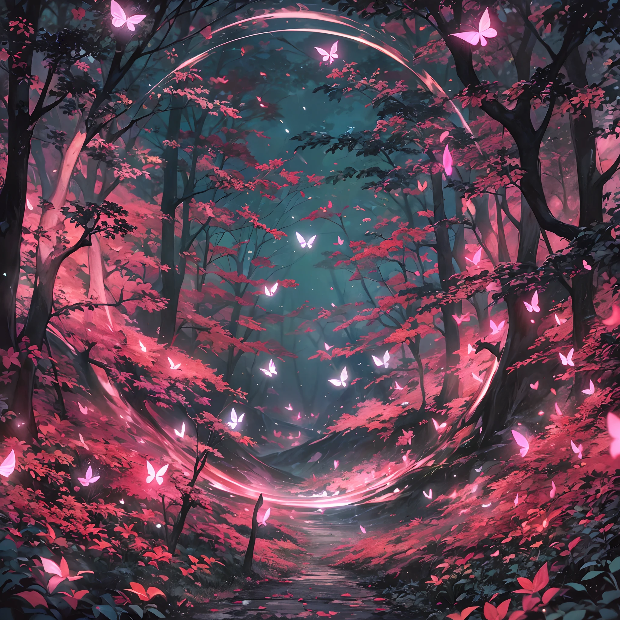 abstract paintings,Pink Forest,moonlit background,Fireflies surround a giant anthropomorphic red butterfly,Center composition,symetrical composition,Butterflies are the focal point,super wide shot,超高分辨率,The background is blurred out,Caustics,Shadow emphasis,Fireflies are composed in a circular shape