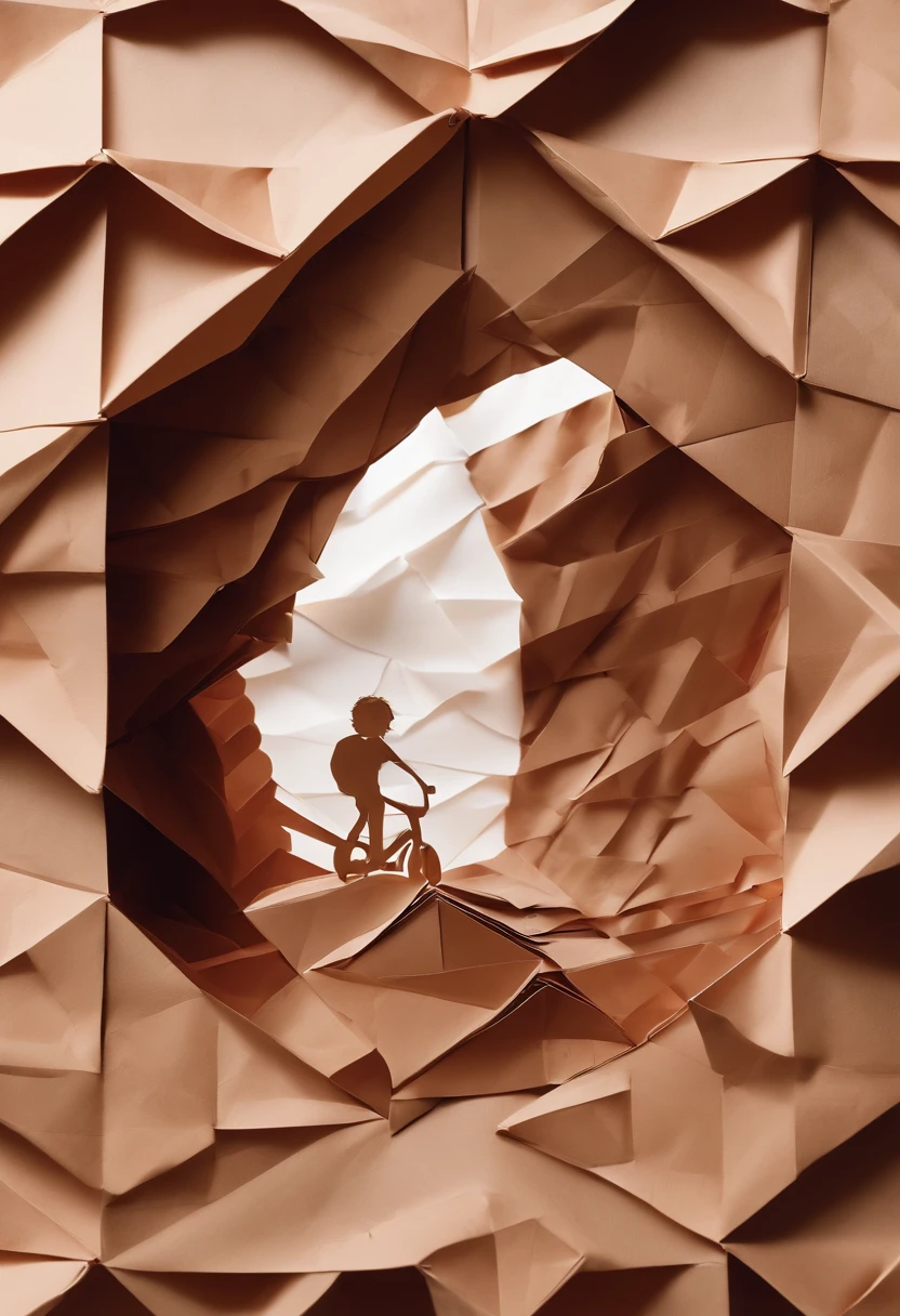 A child, no centro da imagem e de costas, pelando de bicicleta em uma estrada de chocolate e balas
