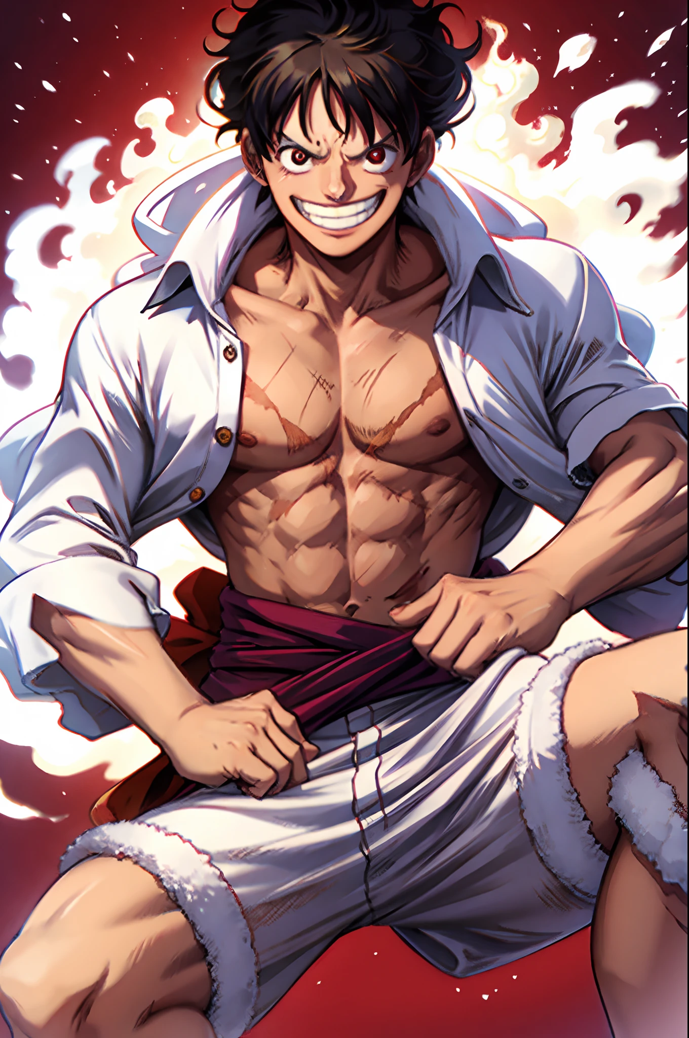 Ojos rojos, Luffy, pelo color blanco artificial, smil, salto de felicidad