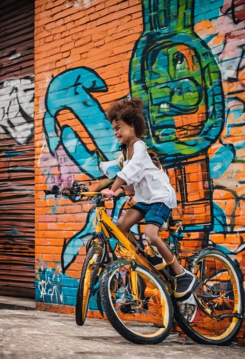 A , no centro da imagem e de costas, pelando de bicicleta em uma estrada de chocolate e balas