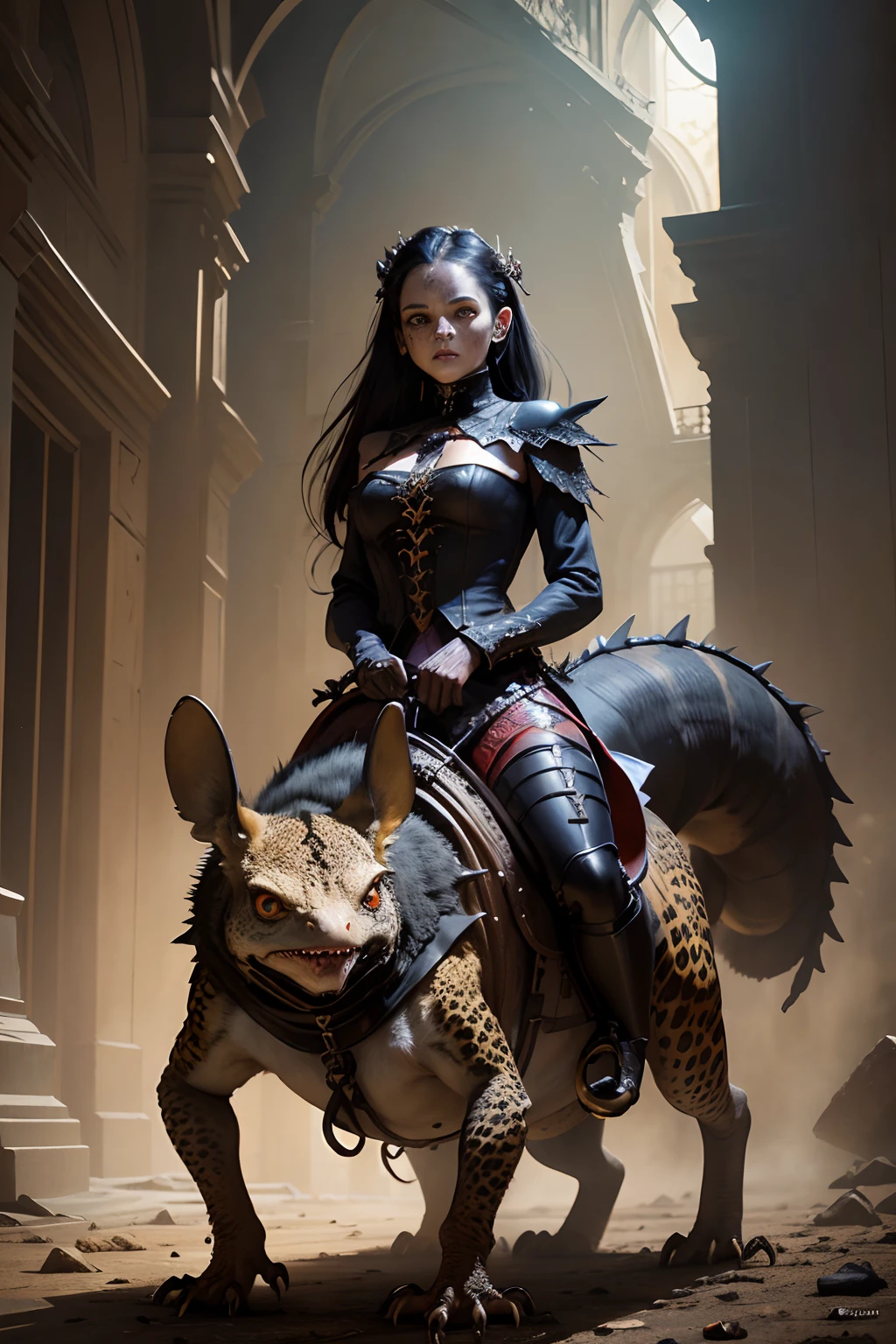 (absurdres, highres, ultra detailed)(masterpiece) ((an extremely delicate and gruesome)), A painting of a horse sized half leopard gecko half raptor with darkened feathers protruding from body, with a bloodied face and a bloodied head, carnage, Western - Horror Art of Fiction, Western fiction horror artwork, inspired by Aleksi Briclot, Crocs de carnage, Horror fantasy art, par Aleksi Briclot, Horror concept art, venin, Art fantastique et horreur, Detailed illustration of 4K horror, Demonic creature, Dark Fantasy Horror Art, makeshift harness and worn saddle, ((large gecko eyes)), 1girl riding on saddle inspired by Frank Frazetta, large chest, worn and torn shirt and leather
