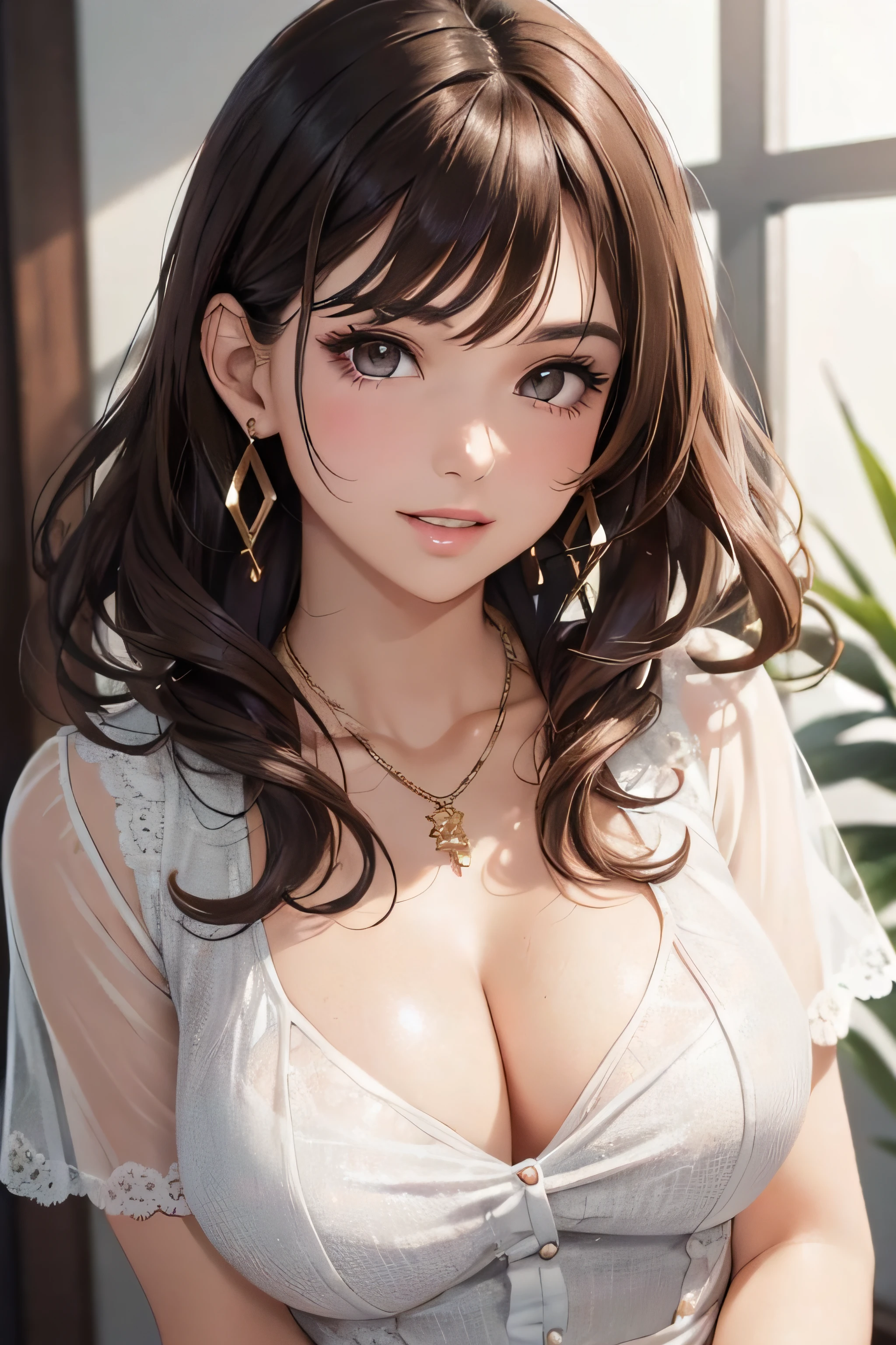 (One upper body photo), Beatiful face, Highly detailed face and skin texture, (Detailed eyes), Brown eyes, Double eyelids, Thin eyebrows, Glitter eyeliner: 1.2, Natural cheeks, Glowing skin, Fair skin, ((blouses or shirts without cleavage)), Shiny necklace and earrings, (Shiny lips: 1. 4), (Seductive smile), (20 years old), (Wavy hair, Brown hair, Diagonal bangs), Medium long hair, ((Upper body shot)), ((Focus on chest and face)), Medium large breasts, Upturned Breasts.