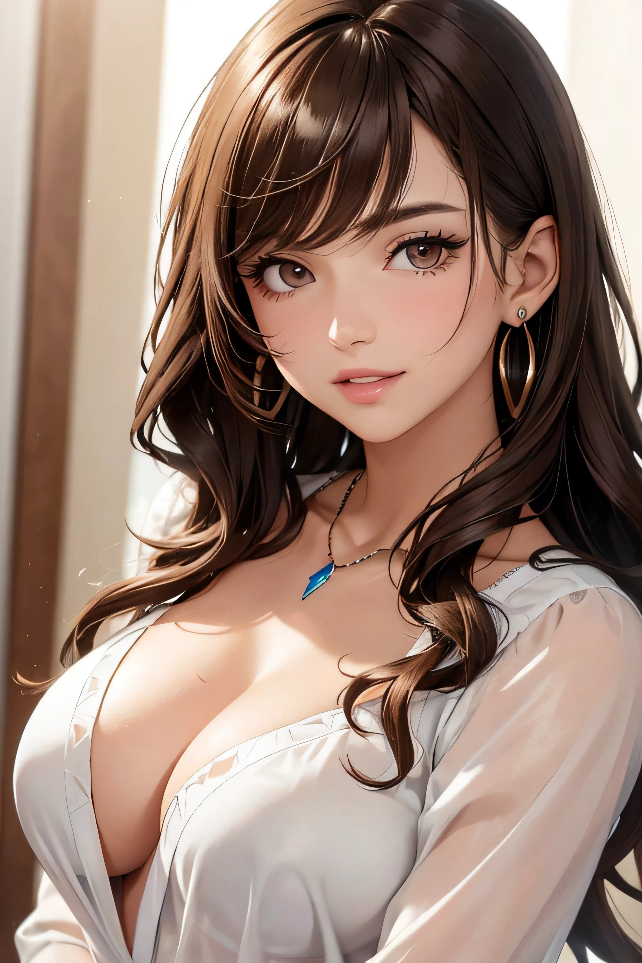 (One upper body photo), Beatiful face, Highly detailed face and skin texture, (Detailed eyes), Brown eyes, Double eyelids, Thin eyebrows, Glitter eyeliner: 1.2, Natural cheeks, Glowing skin, Fair skin, ((blouses or shirts without cleavage)), Shiny necklace and earrings, (Shiny lips: 1. 4), (Seductive smile), (20 years old), (Wavy hair, Brown hair, Diagonal bangs), Medium long hair, ((Upper body shot)), ((Focus on chest and face)), Medium large breasts, Upturned Breasts.