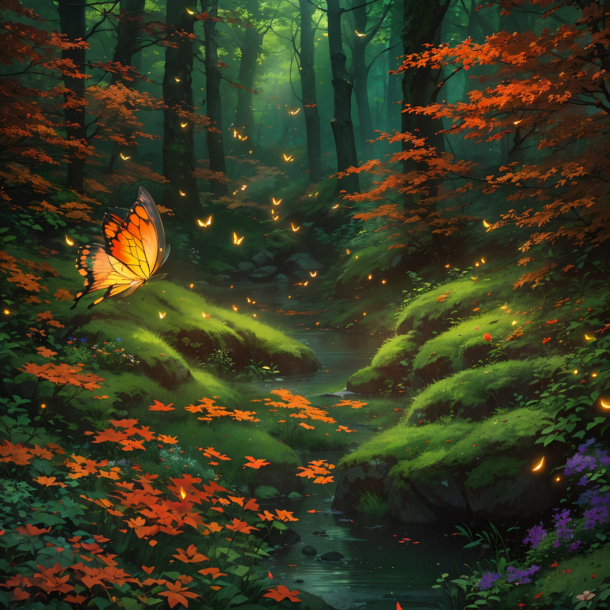(highres:1.2),(photorealistic:1.37),vibrant red forest,moonlight,glowing fireflies,focal point featuring a single butterfly,eye-catching patterns of shadows,dense foliage,gentle breeze rustling leaves,enchanted atmosphere,surrounded by towering trees,peaceful and tranquil ambiance,colorful flowers in full bloom,dappled sunlight filtering through the canopy,splashes of red, orange, and yellow,rich and vibrant colors,dark green moss-covered rocks,soft forest floor covered in fallen leaves,whispers of nature's secrets,mysterious and magical ambiance,serene and secluded clearing,luminous moon casting a soft glow,starlit sky twinkling above,dream-like and ethereal scene,immersed in nature's beauty,calm and quiet evening,delicate and intricate details,harmonious blend of nature and fantasy,surreal and captivating setting,whispering sounds of nature's symphony,artistic interpretation of a magical forest.