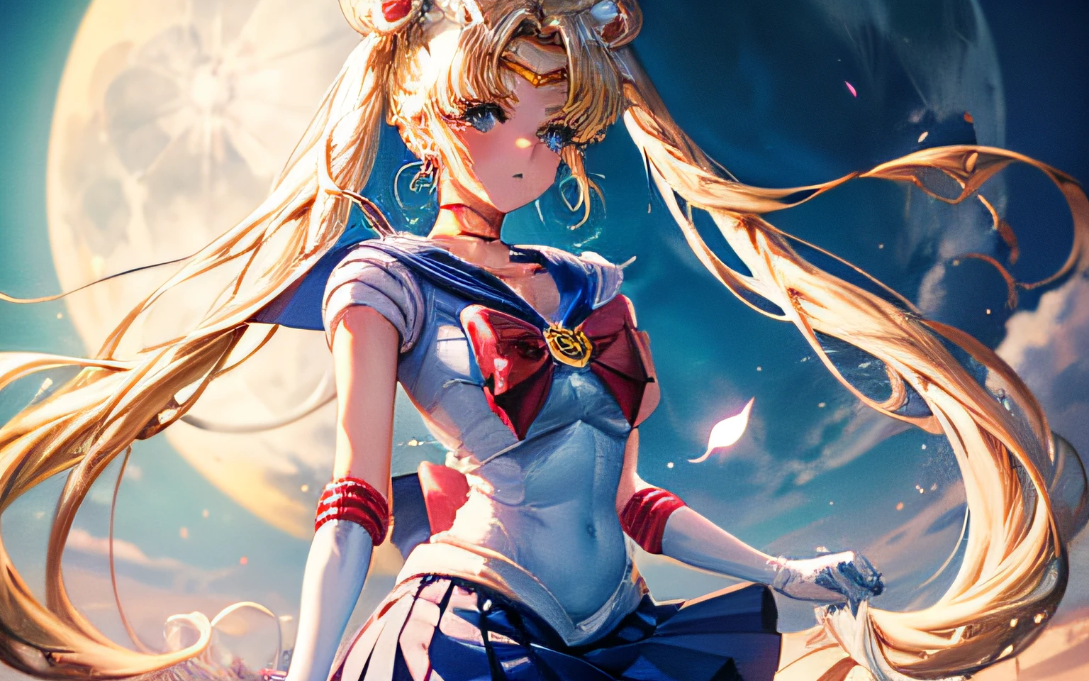 aausagi ,Sailor Moon, (white_panties:1.2), blonde,  double bun, twintails, parted bangs, circlet, jewelry, earrings, choker, red bow, white gloves, elbow gloves, blue skirt, blush, full moon