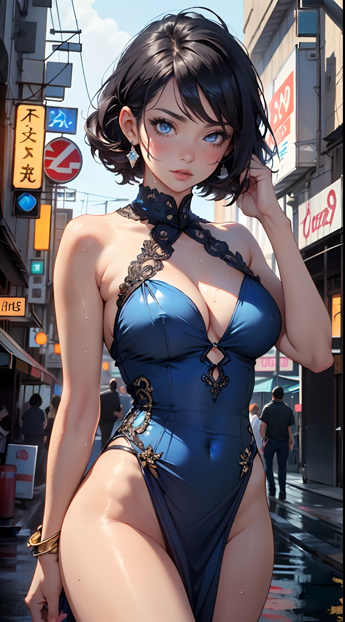 woman in evening dress,(((1woman))),((beautiful woman)),woman,1female,((milf,mom,mature,mature woman,45 years old female,adult)),

(large breasts:1.4),saggy breasts,(((black hair:1.4,Layered Haircut:1.4,colored inner hair))),(((blue_eyes:1.3))),intricate eyes,beautiful detailed eyes,symmetrical eyes,((fat)),(((lustrous skin:1.5,bright skin: 1.5,skin tanned,shiny skin,very shiny skin,shiny body,plastic glitter skin,exaggerated shiny skin,illuminated skin,wet legs))),(spider lower abdomen,narrow waist,wide hip,imbo body,inflated legs,detailed body,(detailed face)),

cute,slutty,seductive,erotic,(((nsfw))),

long strapless draped dress, Greek style, ((the woman wears a small reptile that protects her on the neck,detailed reptile)), blue dress,Tango Dress,Emphasis on cleavage,((wet clothes,intricate outfit,intricate clothes,ornate outfit,ornate clothes,embroidered outfit,embroidered clothes)),

(dynamic pose:1.0),solo focus,((smug)),(centered,scale to fit dimensions,Rule of thirds),

cyberpunk city by the ocean at night, with bright neon signs and dark stormy clouds and puddles, scenery:1.25,

highres, sharp focus, (ultra detailed, extremely detailed), (photorealistic artwork:1.37),(extremely detailed CG unity 8k wallpaper),((synthwave background theme)),(((vibrant colors))),(intricate background),(masterpiece),(best quality),