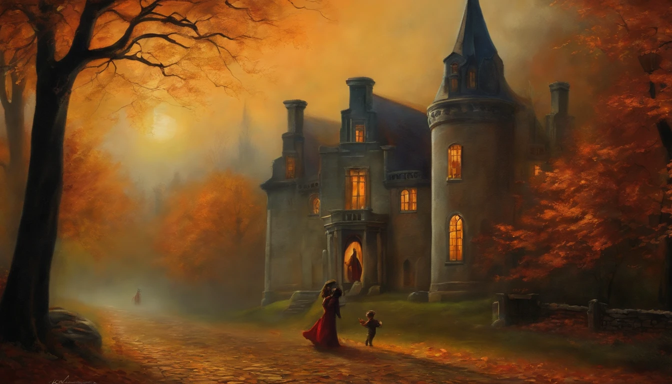 Spooky brujas y fantasmas, Estilo de pintura arte de pared, estilo vintage, autumn season.
