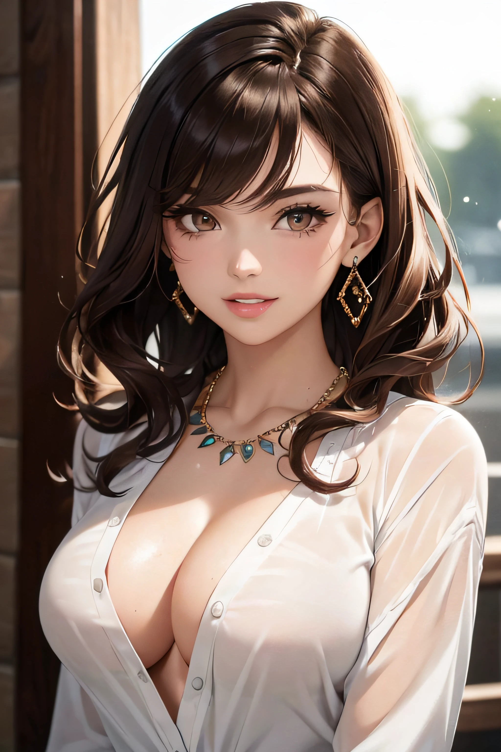 (One upper body photo), Beatiful face, Highly detailed face and skin texture, (Detailed eyes), Brown eyes, Double eyelids, Thin eyebrows, Glitter eyeliner: 1.2, Natural cheeks, Glowing skin, Fair skin, ((blouses or shirts without cleavage)), Shiny necklace and earrings, (Shiny lips: 1. 4), (Seductive smile), (20 years old), (Wavy hair, Brown hair, Diagonal bangs), Medium long hair, ((Upper body shot)), ((Focus on chest and face)), Medium large breasts, Upturned Breasts.
