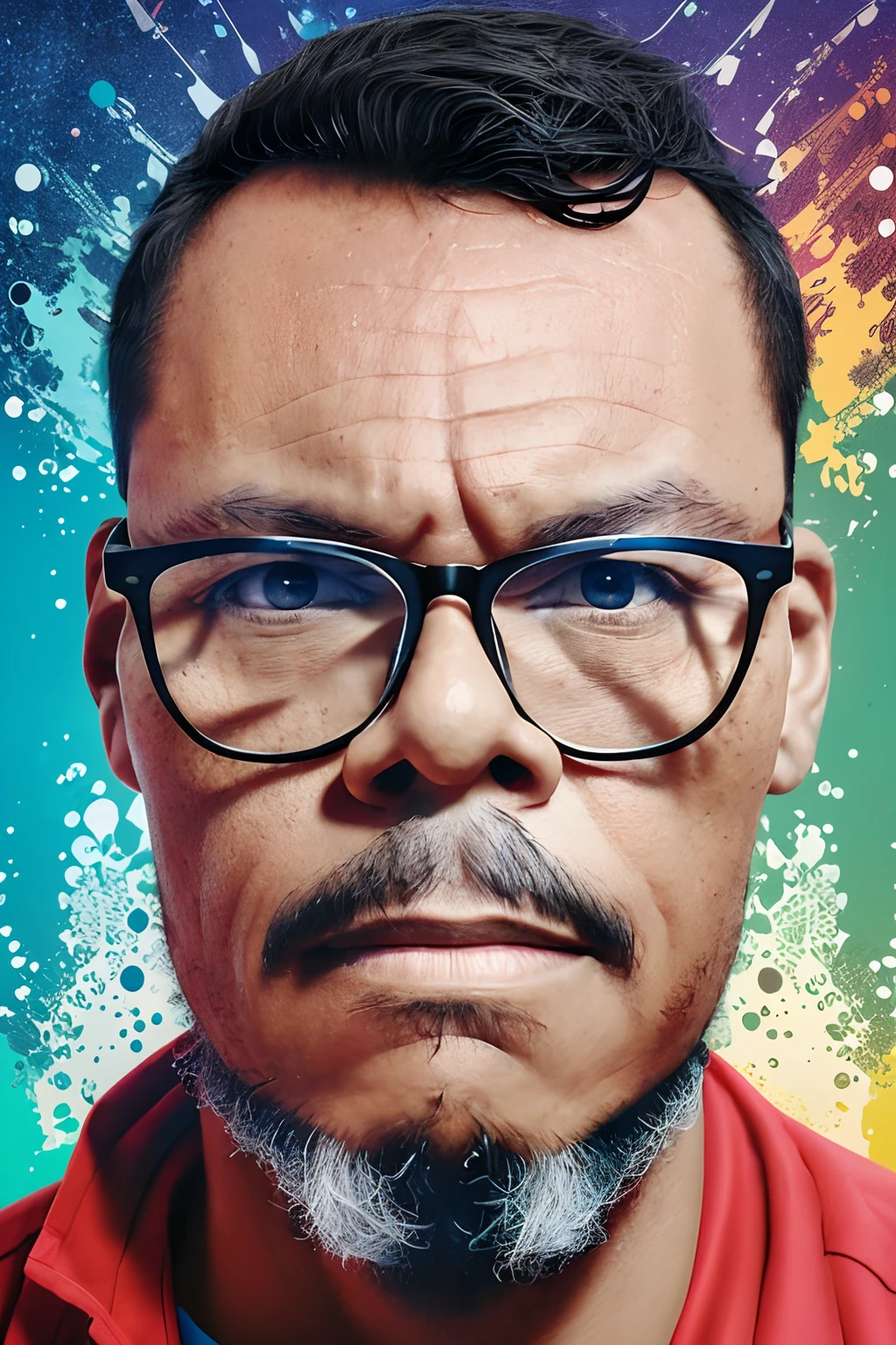 guttonerdvision10, Create a splash art of a bespectacled man's face. Inspire-se no estilo do artista Alex Konstad para essa obra.