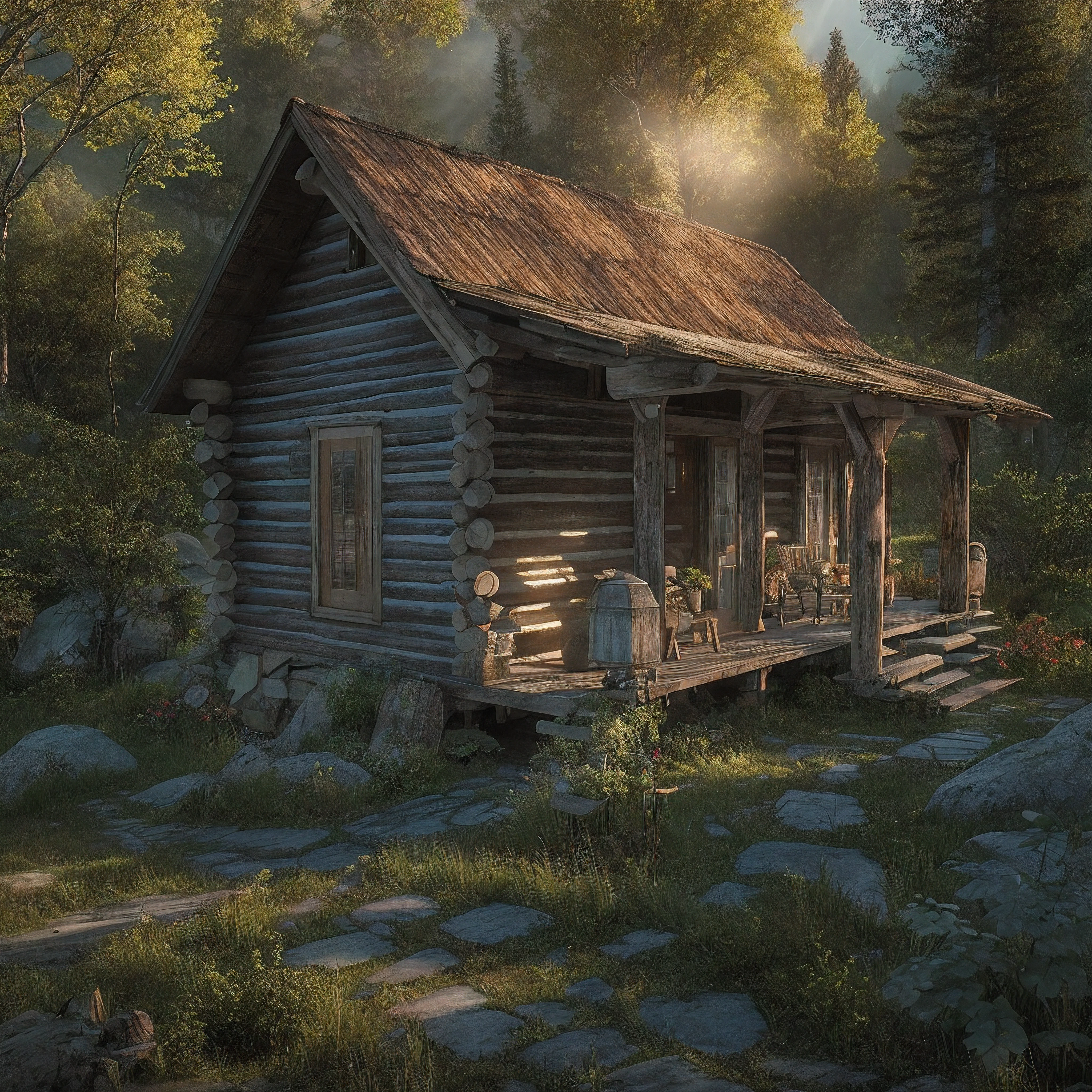 As the light began to fade, an old log cabin was spotted in a small clearing ahead. The cabin's roof shimmered in the fading sunlight. The log cabin was located near a quaint steampunk village, nestled within the rugged wilderness.
Upon approaching the cabin, one could sit on the bottom porch steps, resting their hands on their knees. From this vantage point, a peaceful scene could be taken in as the day came to an end. The natural beauty of the surroundings evoked a sense of calm.
The steampunk village provided a glimpse into an imaginative world, with its unique architecture and retro-futuristic technology. Though small and remote, it was a hub of innovation and creativity.
Beyond the village lay dense forests and rolling hills. The raw, rugged wilderness possessed a spirituality and timeless quality. The changing seasons transformed the landscape in dramatic ways.
As the last light of day faded, the porch of the cabin offered a place of respite and reflection, overlooking the village and natural world beyond. It was a serene spot to connect with nature and find inner peace as darkness slowly descended.