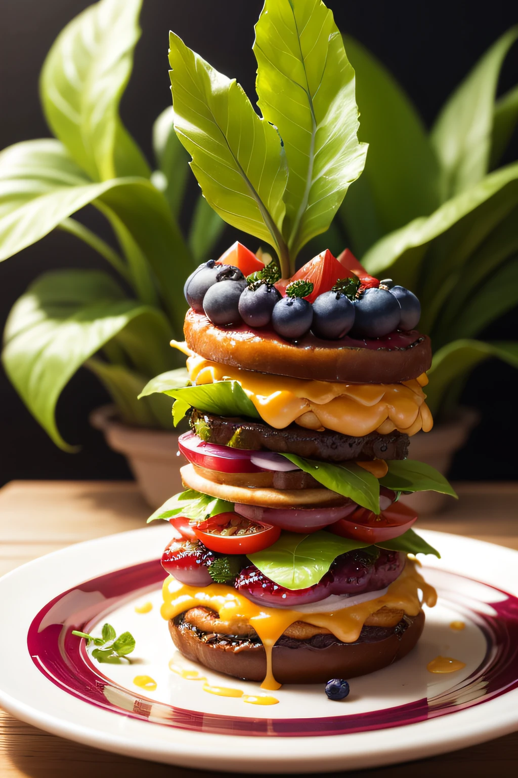 (best quality,4k,8k,highres,masterpiece:1.2),ultra-detailed,realistic(),hamburger,acai berry,delicious,tempting,appetizing,fresh ingredients,juciy beef patty,melted cheese,crispy lettuce,fresh tomatoes,tasty bacon,juicy pickles,toasted bun,creamy and smooth acai berry bowl,healthy and refreshing mix of fruits,thick and creamy consistency,vibrant colors,beautiful presentation,perfectly balanced flavors,nutritious,energizing,exquisite,food art,culinary masterpiece,mouthwatering,indulgence,pleasure,food porn,photorealistic(),vivid colors,studio lighting,luxurious setting,lush green garden,appealing textures