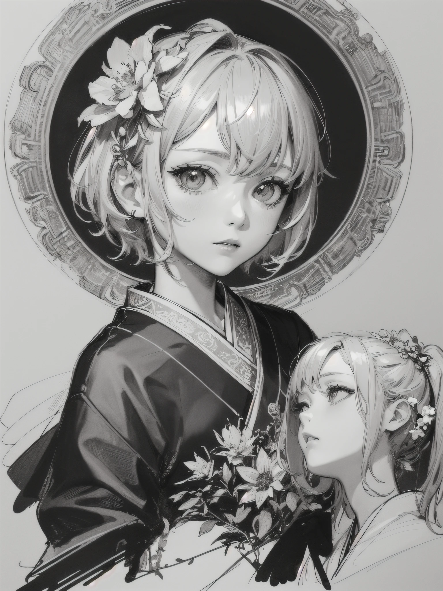 masterpiece, acura, doll, solo, hanfu, short hair,close-up, flower line drawing background, white background, monochrome, line drawing, ((sketch))