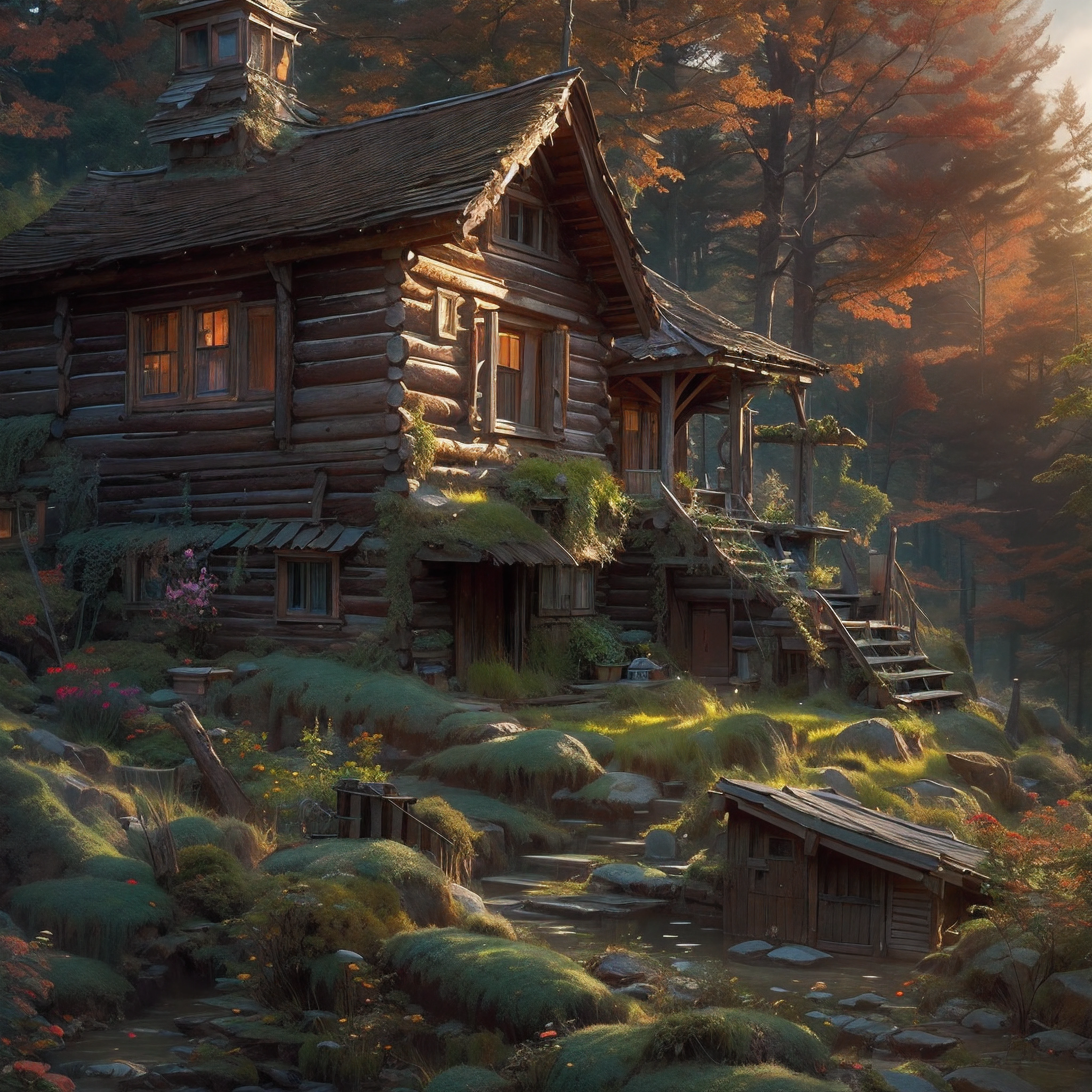 As the light began to fade, an old log cabin was spotted in a small clearing ahead. The cabin's roof shimmered in the fading sunlight. The log cabin was located near a quaint steampunk village, nestled within the rugged wilderness.
Upon approaching the cabin, one could sit on the bottom porch steps, resting their hands on their knees. From this vantage point, a peaceful scene could be taken in as the day came to an end. The natural beauty of the surroundings evoked a sense of calm.
The steampunk village provided a glimpse into an imaginative world, with its unique architecture and retro-futuristic technology. Though small and remote, it was a hub of innovation and creativity.
Beyond the village lay dense forests and rolling hills. The raw, rugged wilderness possessed a spirituality and timeless quality. The changing seasons transformed the landscape in dramatic ways.
As the last light of day faded, the porch of the cabin offered a place of respite and reflection, overlooking the village and natural world beyond. It was a serene spot to connect with nature and find inner peace as darkness slowly descended.