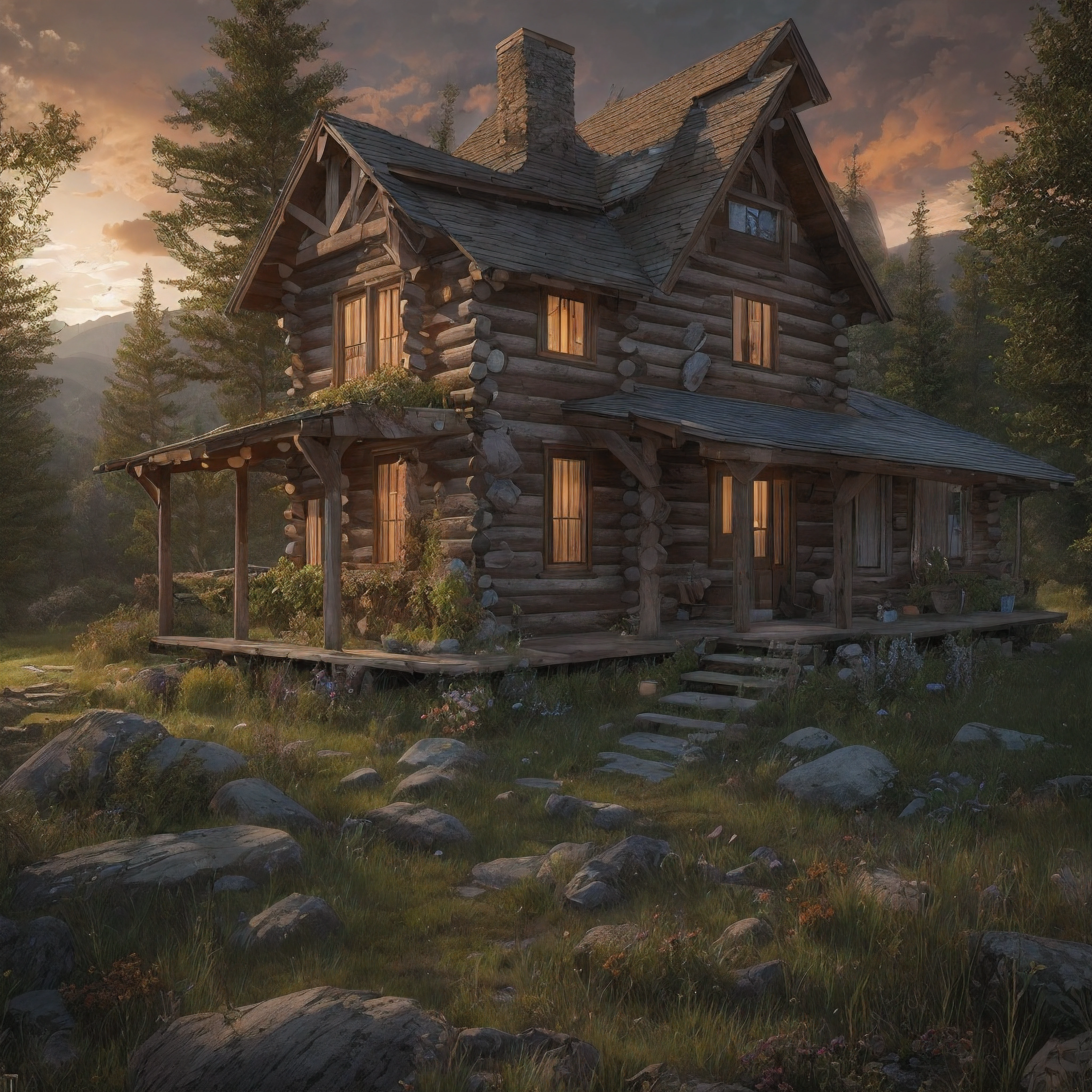 As the light began to fade, an old log cabin was spotted in a small clearing ahead. The cabin's roof shimmered in the fading sunlight. The log cabin was located near a quaint steampunk village, nestled within the rugged wilderness.
Upon approaching the cabin, one could sit on the bottom porch steps, resting their hands on their knees. From this vantage point, a peaceful scene could be taken in as the day came to an end. The natural beauty of the surroundings evoked a sense of calm.
The steampunk village provided a glimpse into an imaginative world, with its unique architecture and retro-futuristic technology. Though small and remote, it was a hub of innovation and creativity.
Beyond the village lay dense forests and rolling hills. The raw, rugged wilderness possessed a spirituality and timeless quality. The changing seasons transformed the landscape in dramatic ways.
As the last light of day faded, the porch of the cabin offered a place of respite and reflection, overlooking the village and natural world beyond. It was a serene spot to connect with nature and find inner peace as darkness slowly descended.
