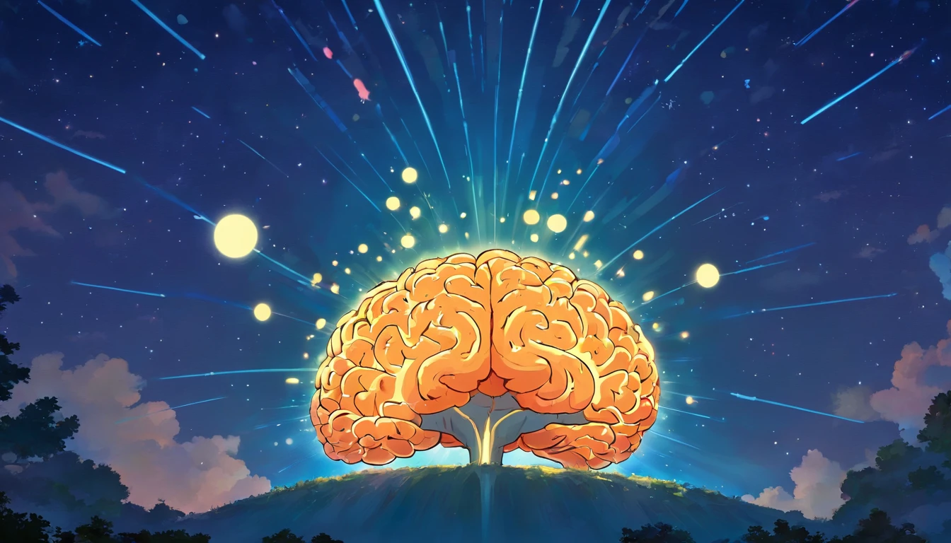 Silhouette or image of a brain with a bright dot in the center representing cognition or perception, complementado con elementos que simbolizan el conocimiento y el aprendizaje, como libros o una bombilla