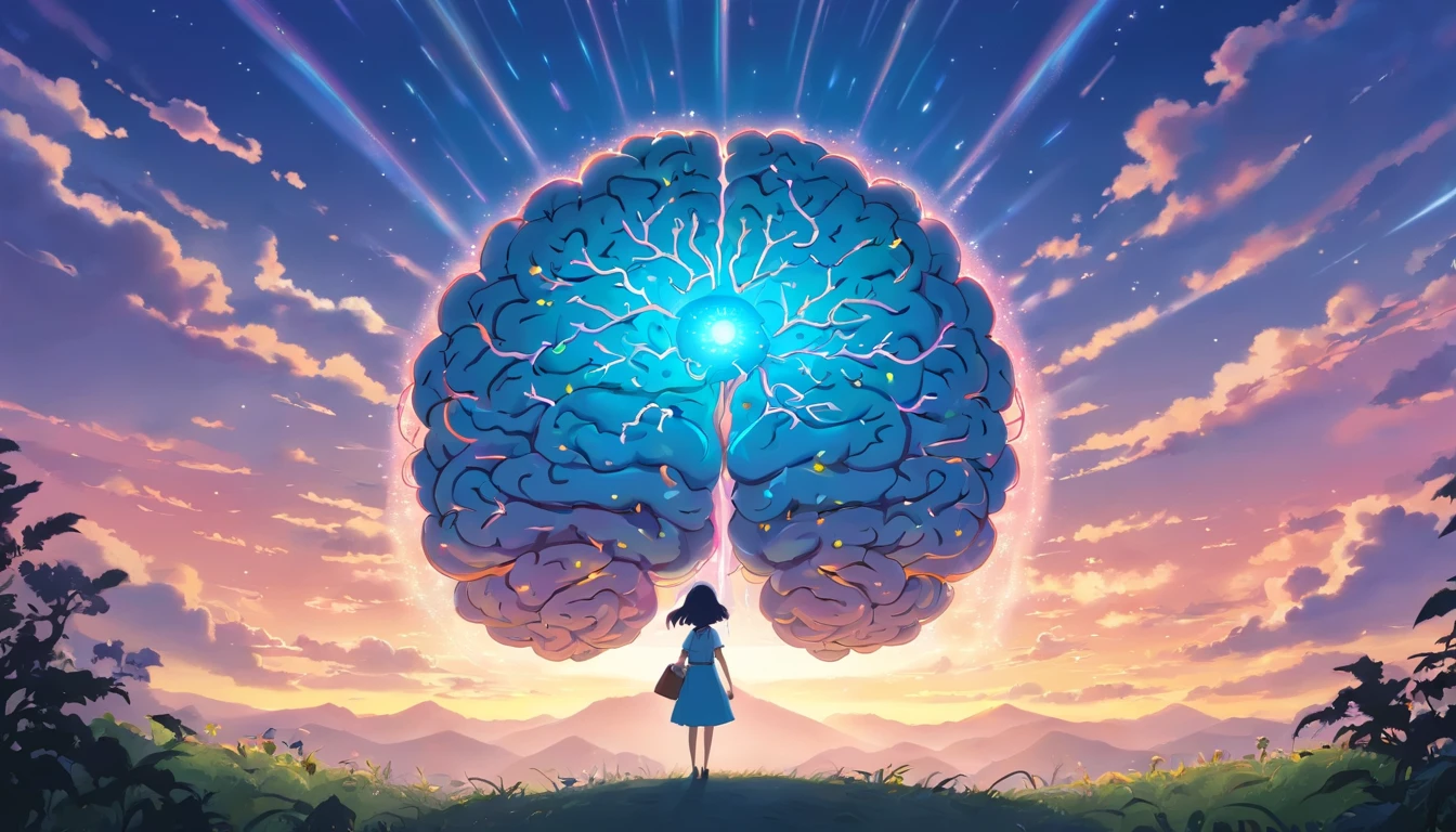 Silhouette or image of a brain with a bright dot in the center representing cognition or perception, complementado con elementos que simbolizan el conocimiento y el aprendizaje, como libros o una bombilla