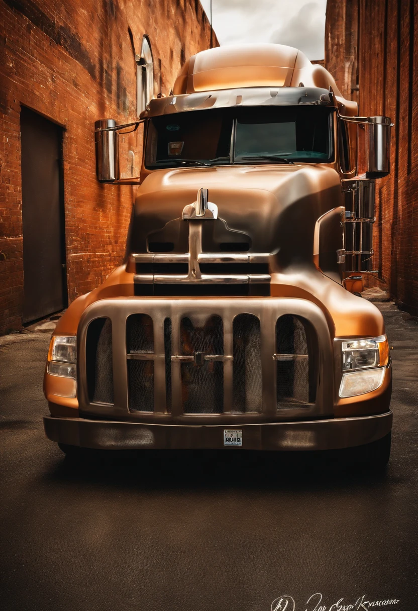 semi-truck,nude girl airbrush,high-quality painting,realistic style,vibrant colors,studio lighting,chrome details,street scene,detailed exhaust pipes,sunset hue,dusty road,semi truck driver,graffiti on the wall,urban landscape,lens flare,wide-angle shot,reflection on the truck body,semi truck wheels,smooth glossy finish,sparkling highlights,professional photography style,industrial backdrop,urban decay,natural sunlight,impressive details,gritty atmosphere,cityscape,urban art,impressive composition,imposing presence,bold and striking imagery,unique perspective,powerful vehicle,graceful curves,contrasting textures,metallic sheen,dynamic motion,impressive power,striking contrast alone,sleek design,majestic size,monumental symbol,eye-catching artwork