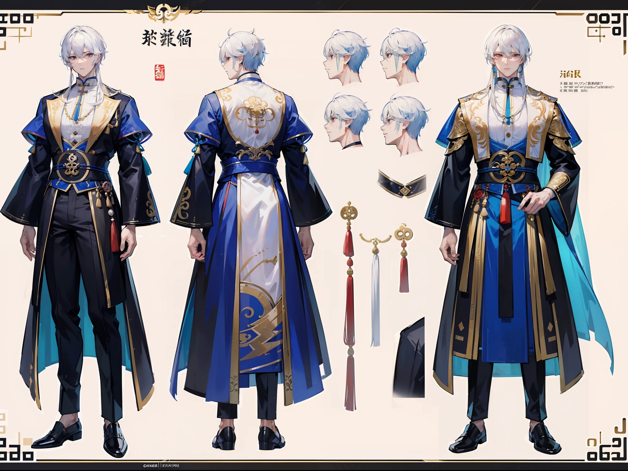 Character sheet, Handsome male. Perfect face, 6 ft 5 tall man. White hair. Short hair. Grey eyes. Eyepatch. Earrings. Toned body. Muscular male, character design sheet，full bodyesbian, Full of details, body front view, body back view,  Full body, front and back view, muscle body, Traditional chinese clothes. Genshin Impact. Hydro vision. Bulge in pants. Liyue, ((Masterpiece, Highest quality)), Detailed face, character design sheet， full bodyesbian, Full of details, frontal body view, back body view, Highly detailed, Depth, Many parts,