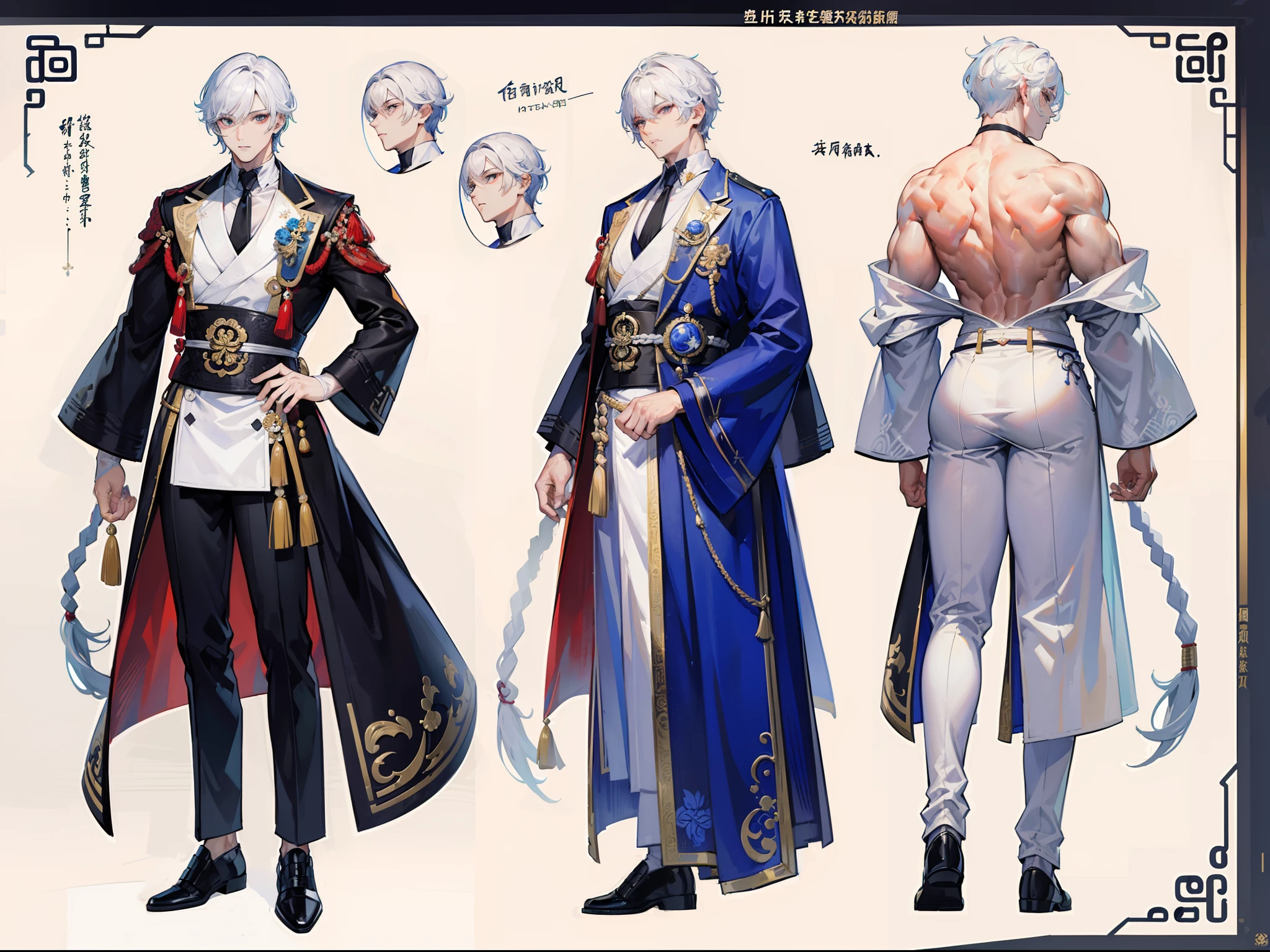 ((Masterpiece, Highest quality)), Male, boy, Detailed face, character design sheet， full bodyesbian, Full of details, frontal body view, back body view, Highly detailed, Depth, Many parts, angel wings, angel outfit, Muscle boy with black long ponytail hair，handsome man, male angel , man tall,  abs, pectoral muscle