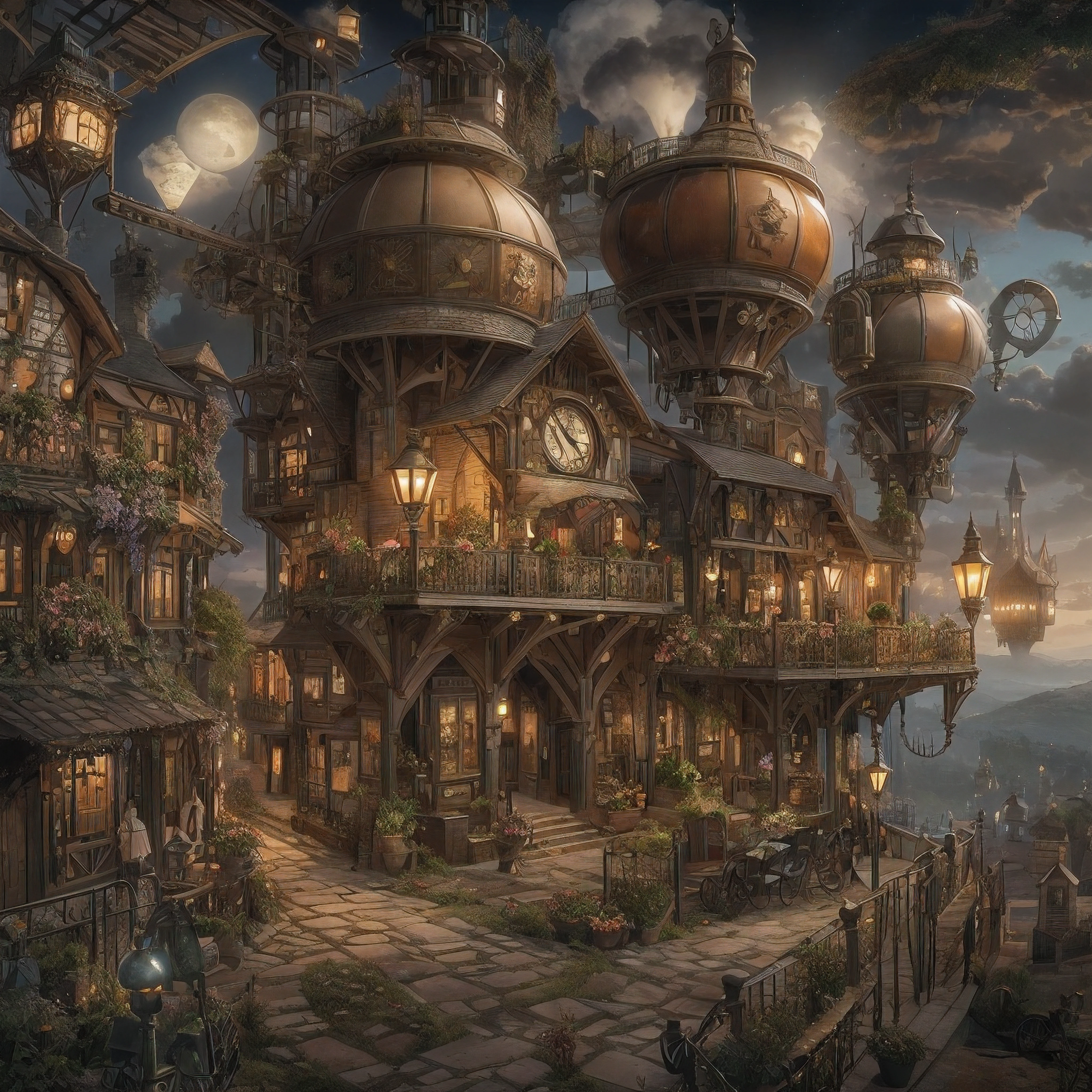 Maybe this… Quaint steampunk fantasy magical village nestled in a verdant valley, surrounded by rolling green hills. Rustic cobblestone streets winding between charming Victorian-style buildings. Plumes of steam rising from clockwork machinery. Wrought iron lamp posts line the streets, illuminated by flickering gas lamps that cast a warm glow at dusk.
In the town square, a towering clocktower looms over the scene, intricate gears shifting as the hands tick steadily. People mill about in steampunk attire - gentlemen in waistcoats and top hats, ladies in corseted dresses and feathers. Fantastical mechanical creatures amble down the lanes as villagers go about their daily business.
The village outskirts fade into vibrant green farmlands. Farmer’s fields are dotted with automated steam-powered harvesters, puffing as they roll through the crops. Herds of whimsical mechanized sheep and cows graze on the hillsides. Above the valley, majestic airships drift by on the breeze.
As night falls, the lamps brighten and villagers gather at the local tavern. Laughter and music spill out into the streets where the fantasy world comes alive. Magic seems to shimmer in the moonlight. This quaint steampunk haven appears to be frozen in time, an idyllic, enchanted realm powered by steam and imagination.