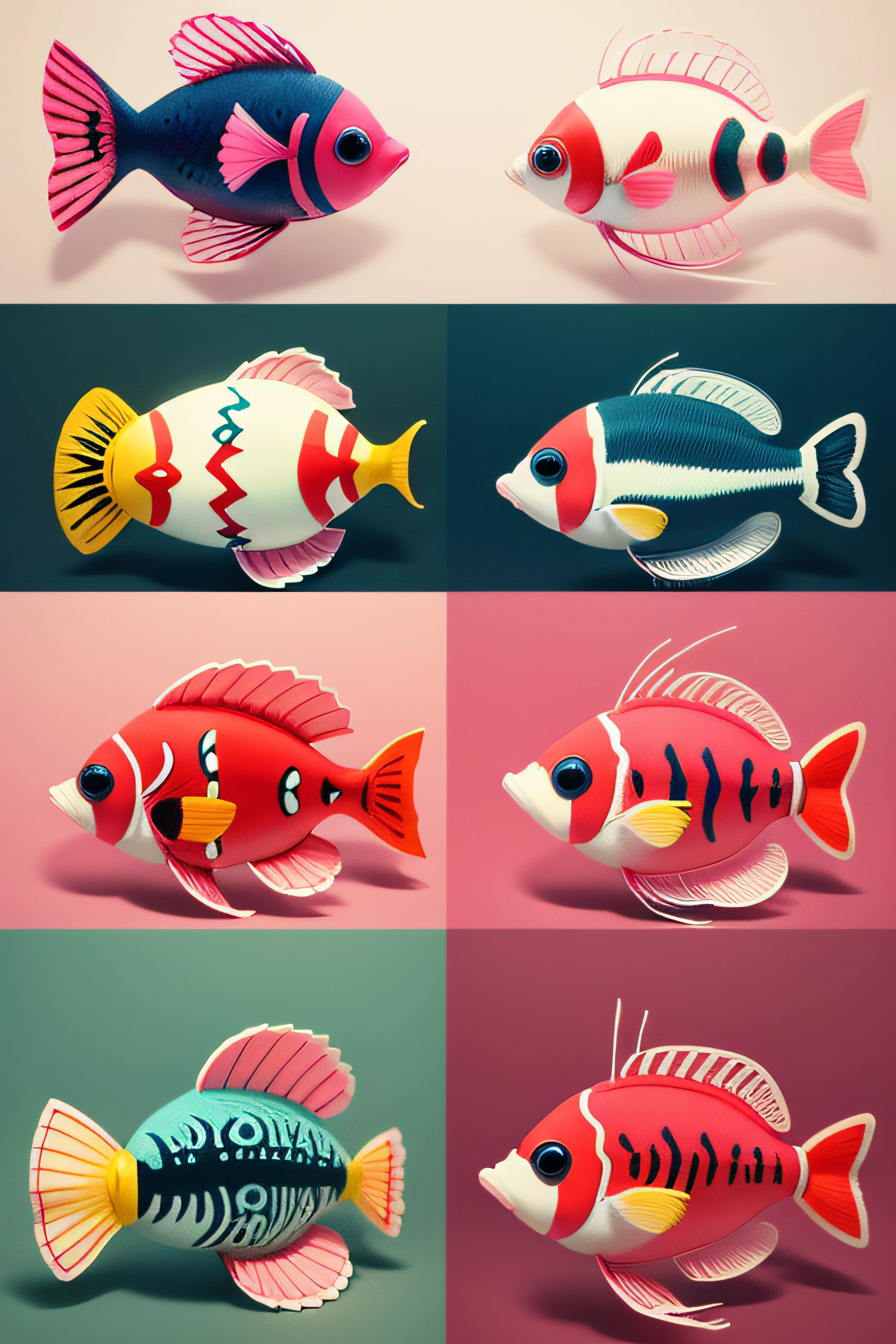 pink, red, green, blue, art deco cuna mola embroidery angel butterfly fish, clown fish, hedgehog fish, fighting fish, heniochus fish, white background
