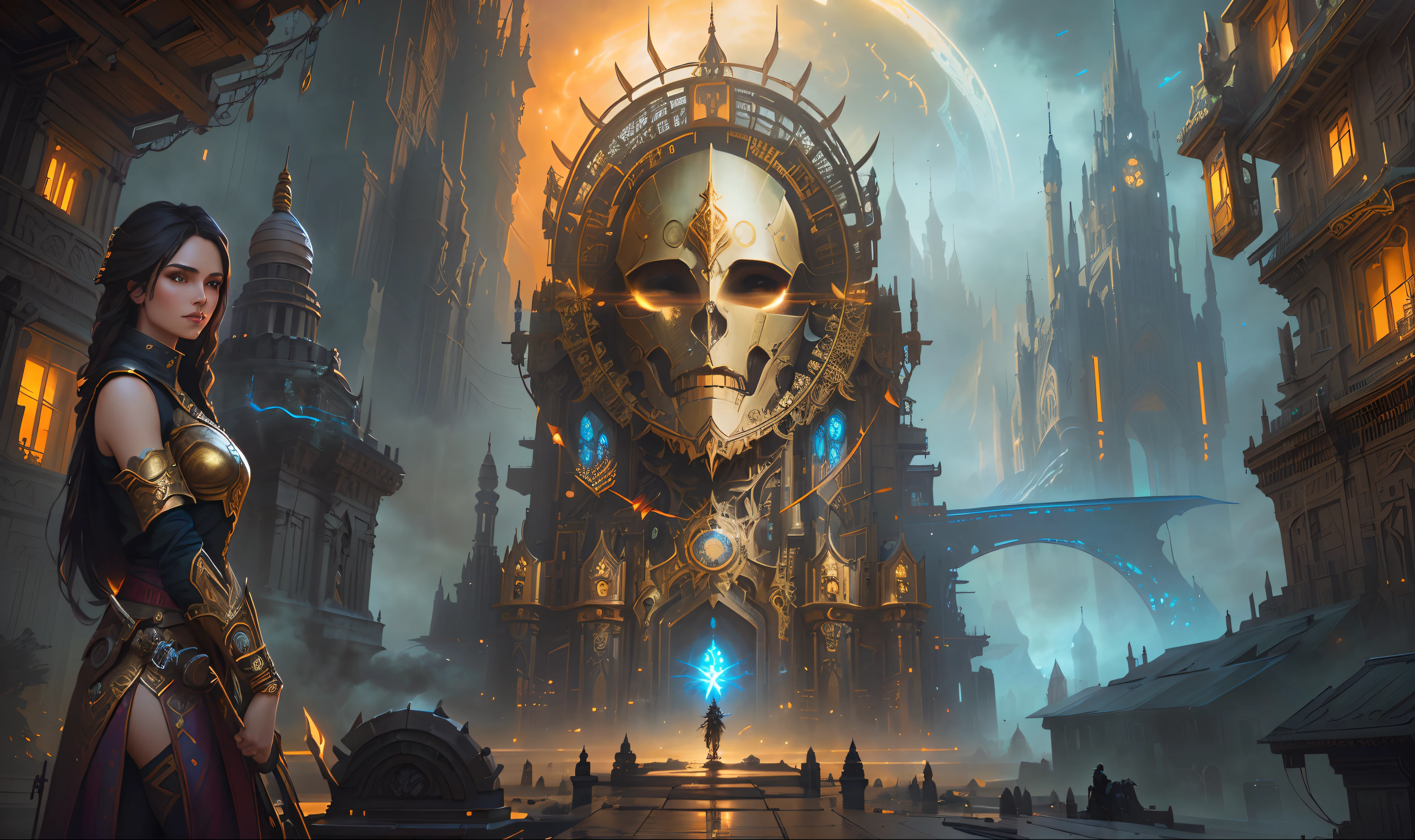 there is a woman standing in front of a clock tower, 4k fantasy art, epic fantasy sci fi illustration, symmetrical epic fantasy art, kaladesh concept art. mechanical, ancient biomechanical temple, 4k highly detailed digital art, mohrbacher, peter mohrbacher. unreal engine, detailed digital 2d fantasy art, epic scifi fantasy art